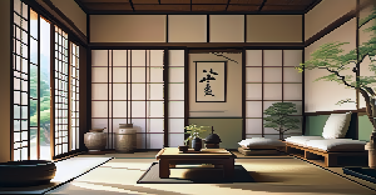 A cozy corner with Japanese furniture, including a low table and floor cushions, illuminated by light filtering through shoji screens.