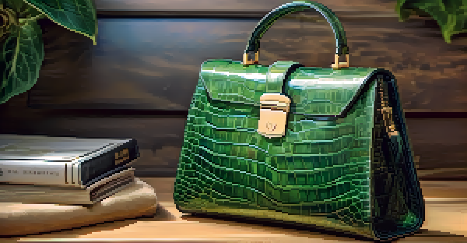 A close-up of a luxury handbag made from sustainable materials, displayed elegantly on a wooden surface.