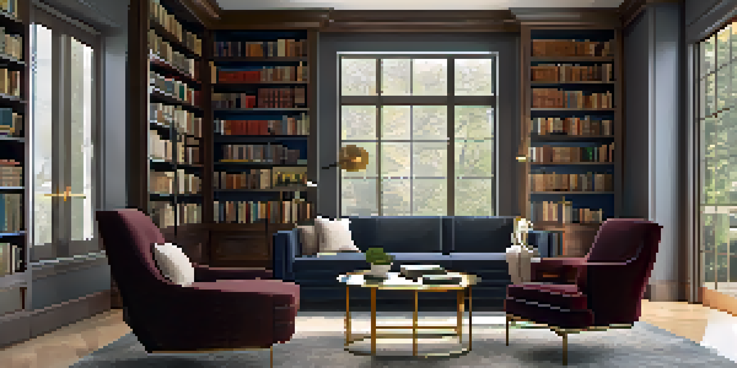 A luxury home library with muted colors, natural light, and a cozy reading nook.