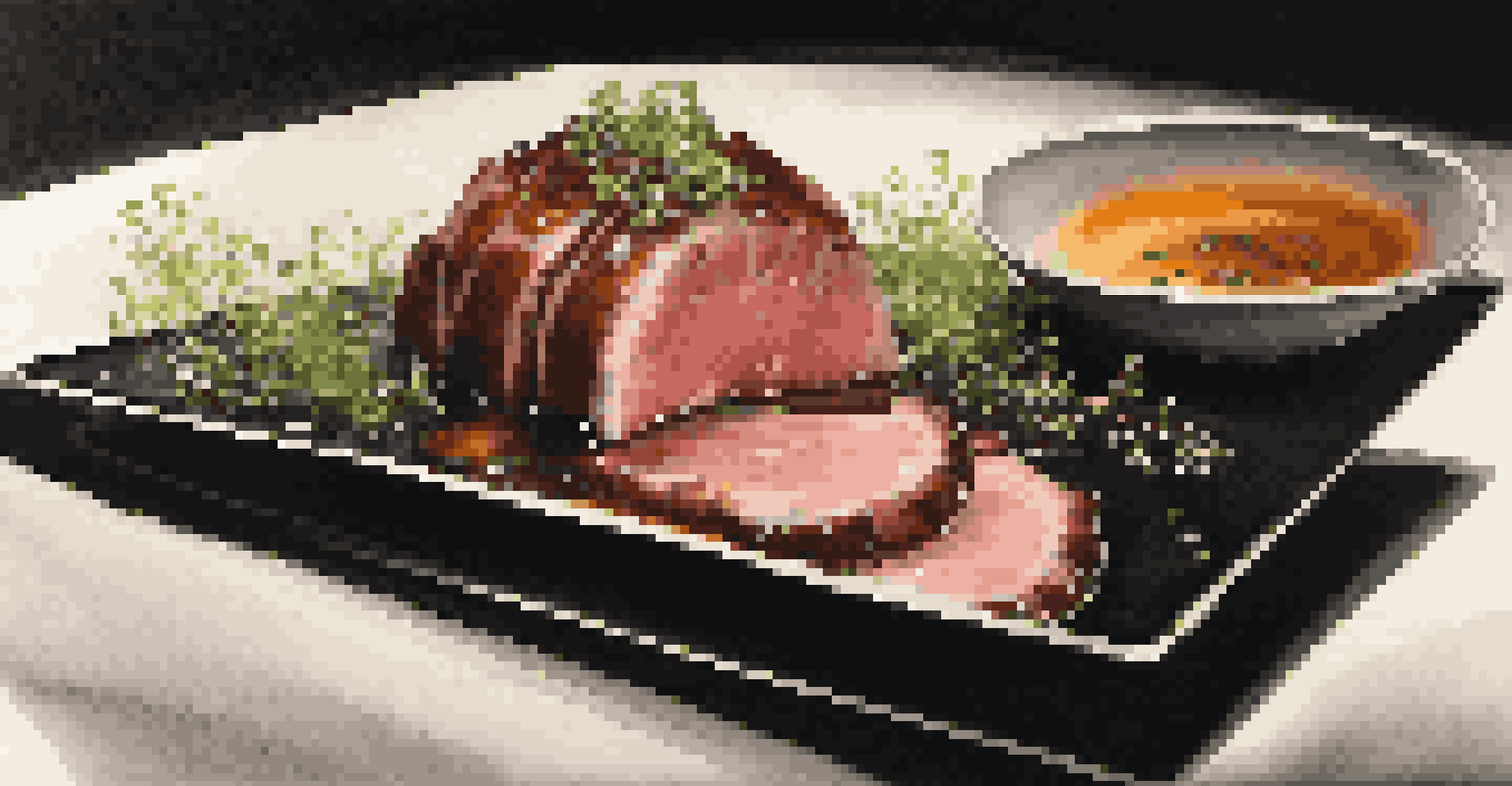 A sous-vide cooked meat dish with sauce and microgreens presented on a black plate, highlighted by warm ambient lighting.