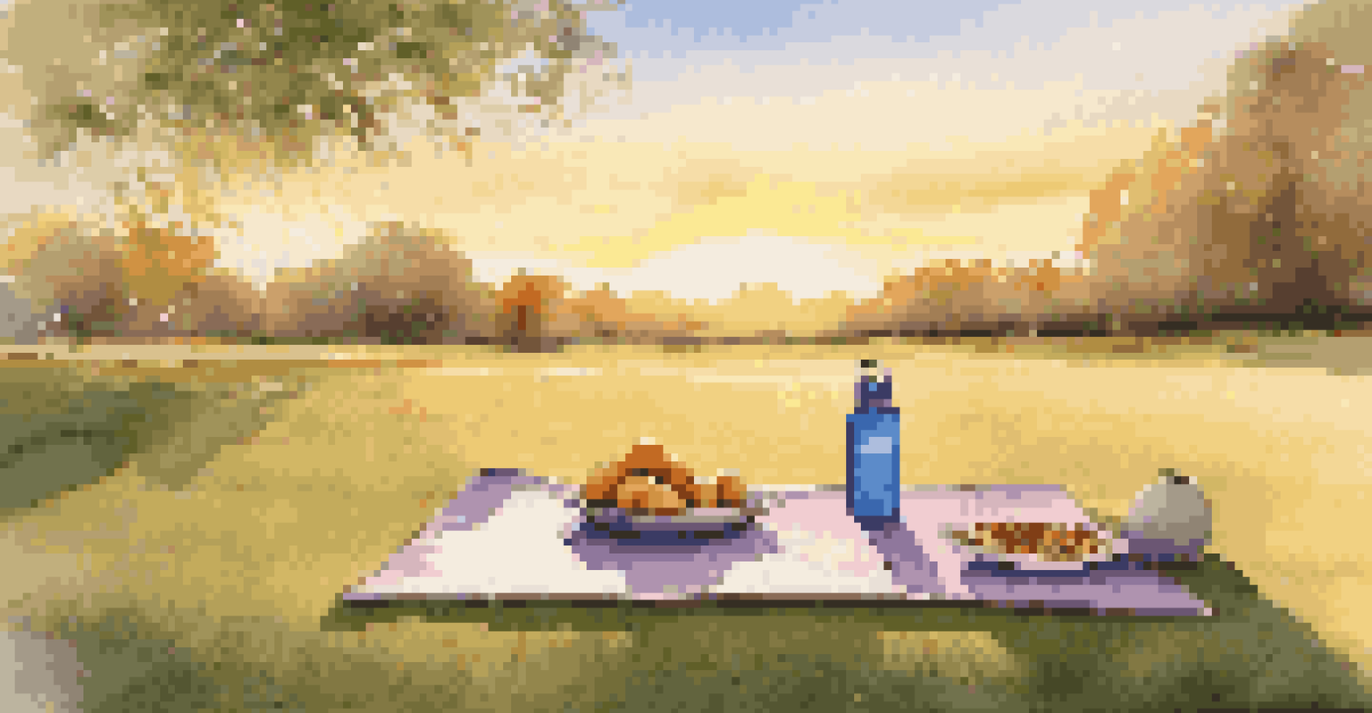 A yoga mat on a grassy field with a water bottle and bowl of nuts at sunrise, highlighting a peaceful fitness environment.