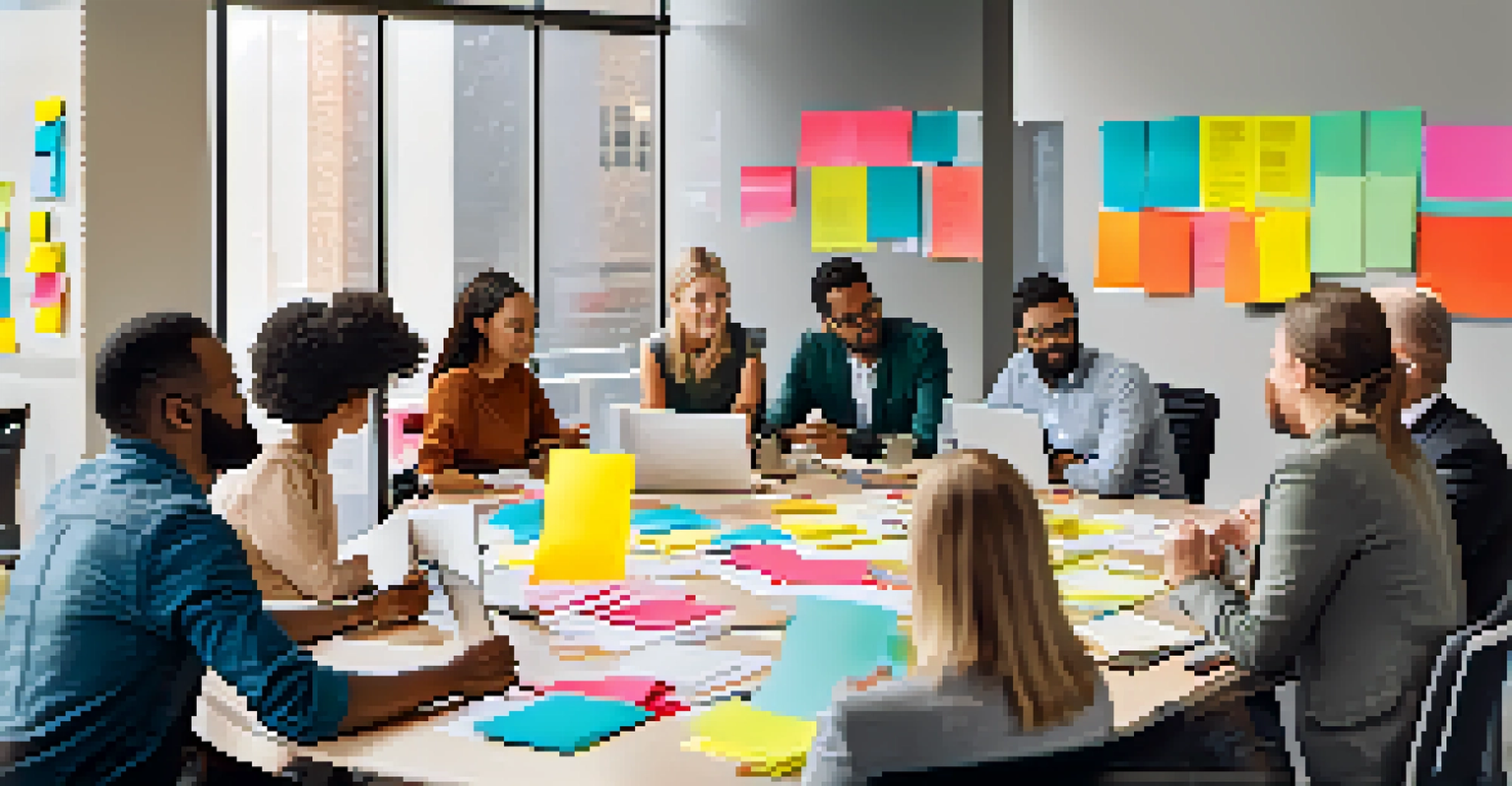 A diverse group of people discussing ideas around a conference table with laptops and sticky notes.