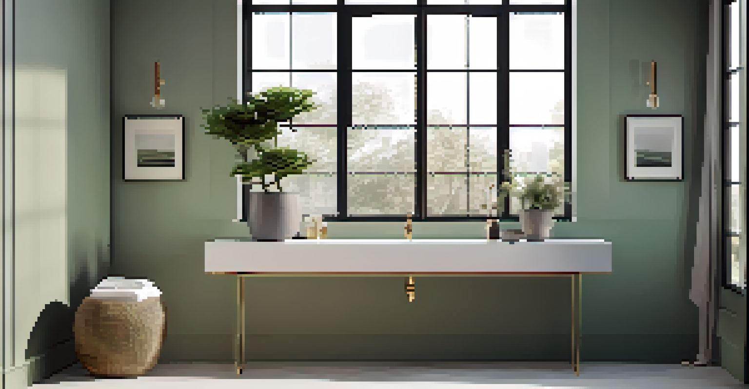 A minimalist bathroom featuring a floating vanity with a small plant, soft sage green walls, and bright natural light from large windows.