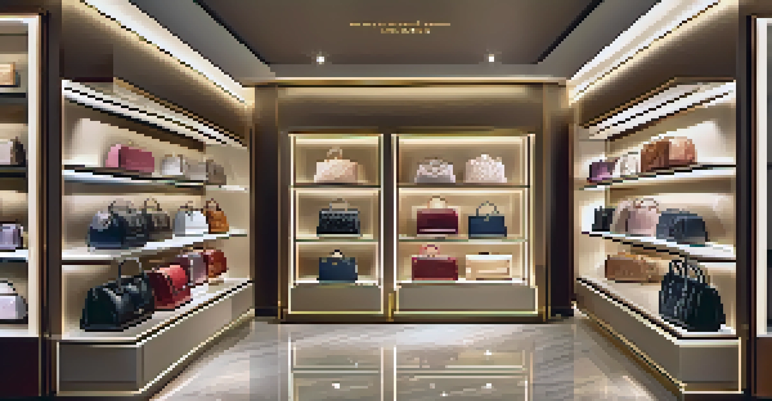 A collection of luxury handbags displayed on a marble countertop in a stylish boutique with warm lighting.