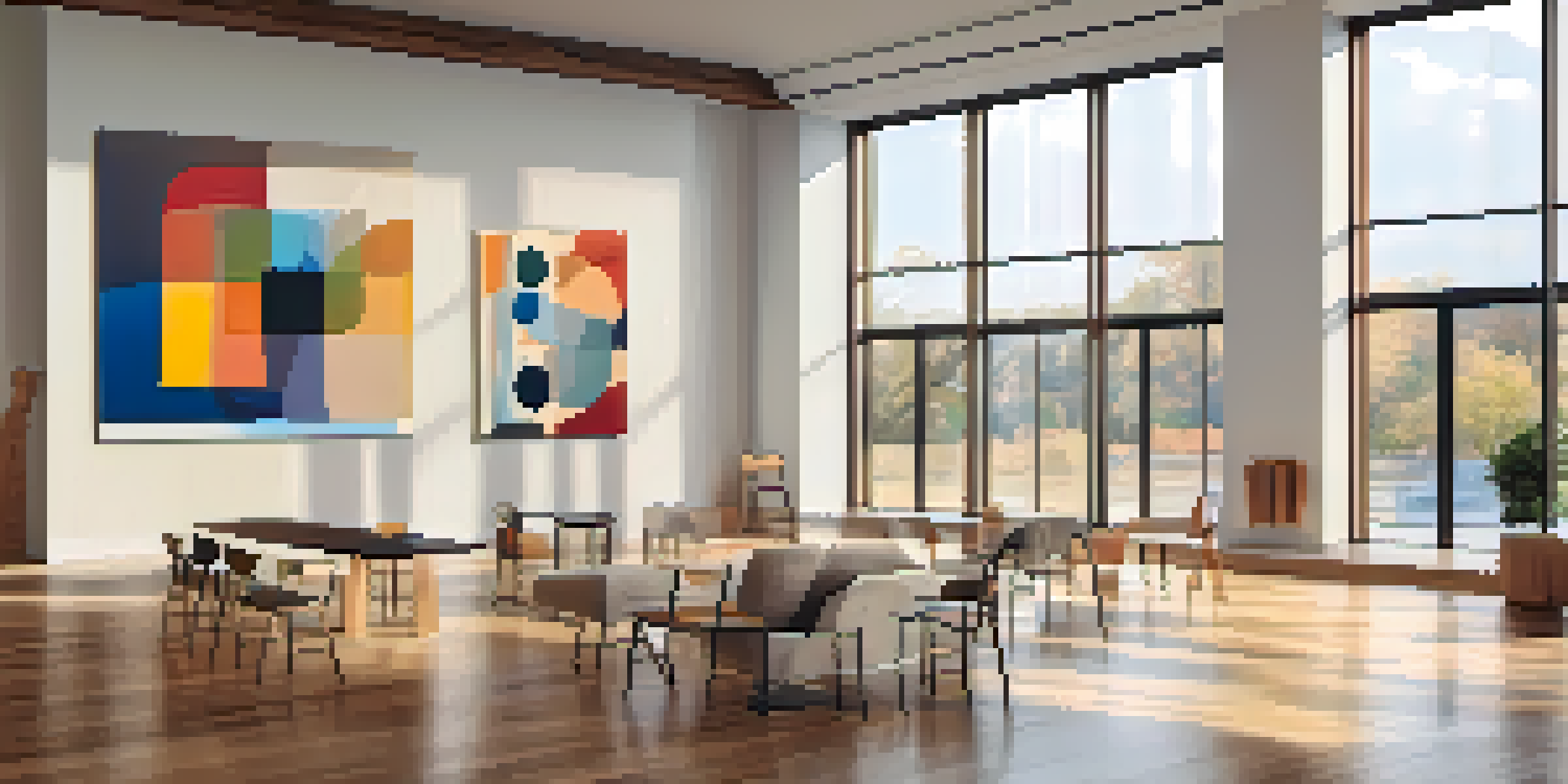 A bright gallery room filled with colorful abstract paintings and warm natural light.