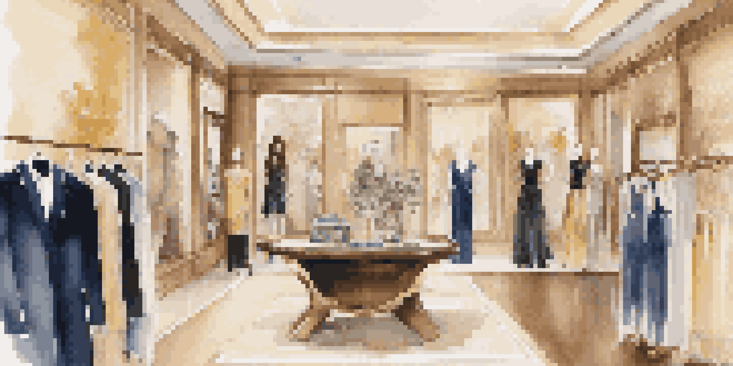 An upscale fashion boutique showcasing elegant garments and accessories with rich textures and warm lighting, filled with diverse shoppers.