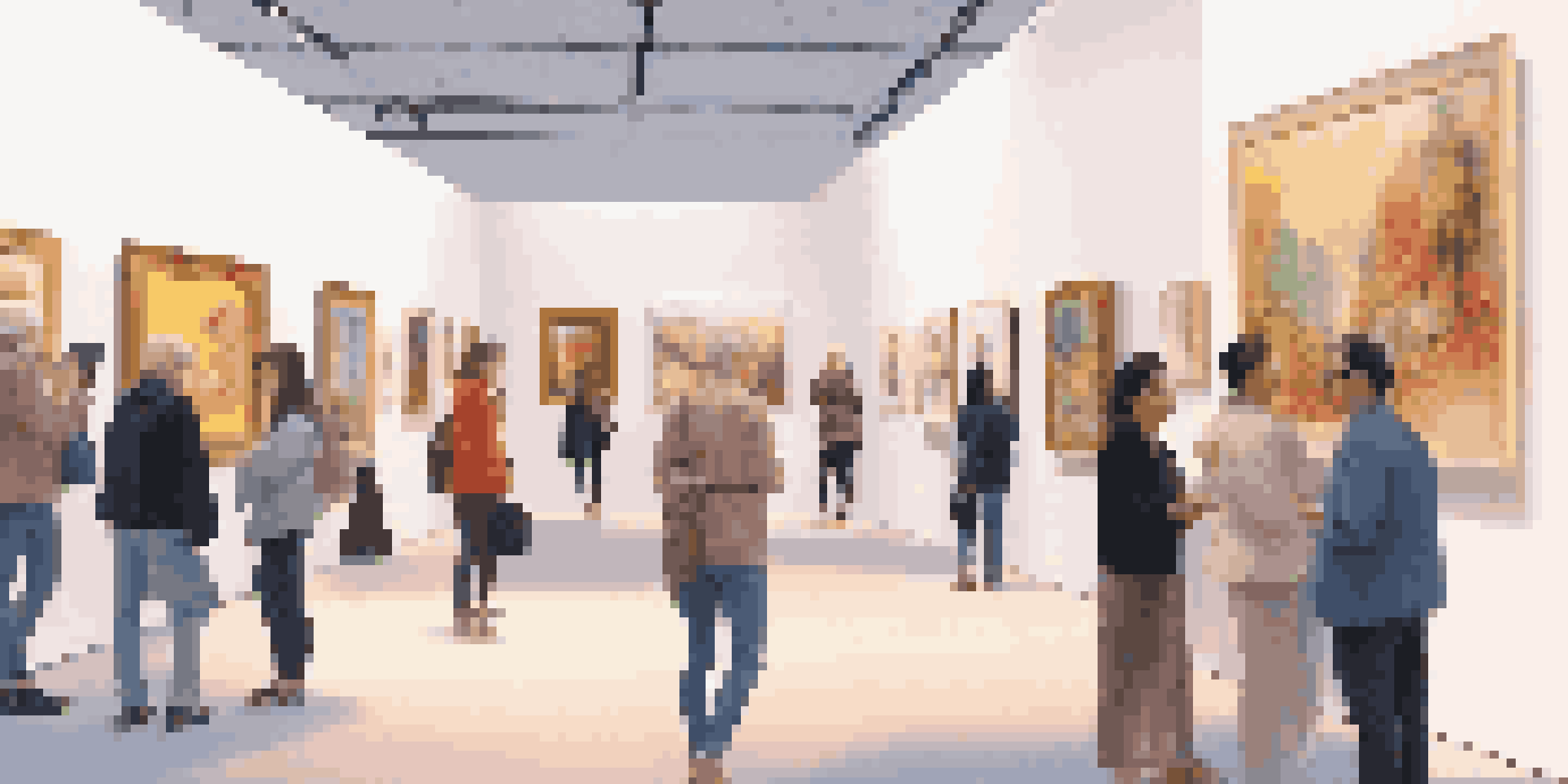 A modern art fair with visitors engaging with both digital and traditional artworks, illuminated in a warm, inviting light.