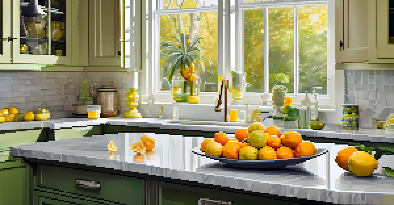 A stylish kitchen with fresh citrus fruits and a candle, brightened by sunlight.