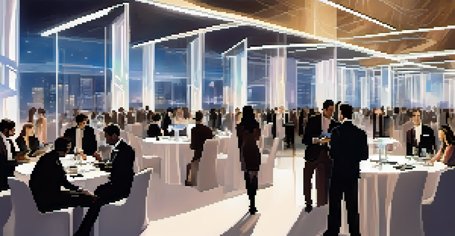 An exclusive luxury tech event with elegantly dressed guests and modern gadgets displayed under soft lighting.