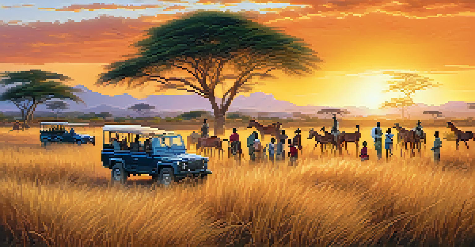 A luxury safari scene with travelers interacting with local children at a village school during sunset.