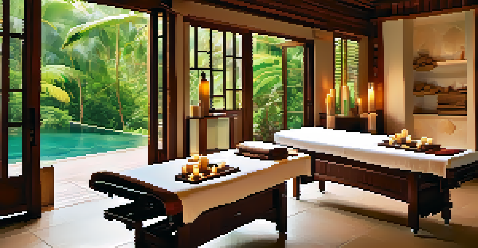 A tranquil spa treatment room with wooden decor and large windows overlooking greenery in Seychelles.