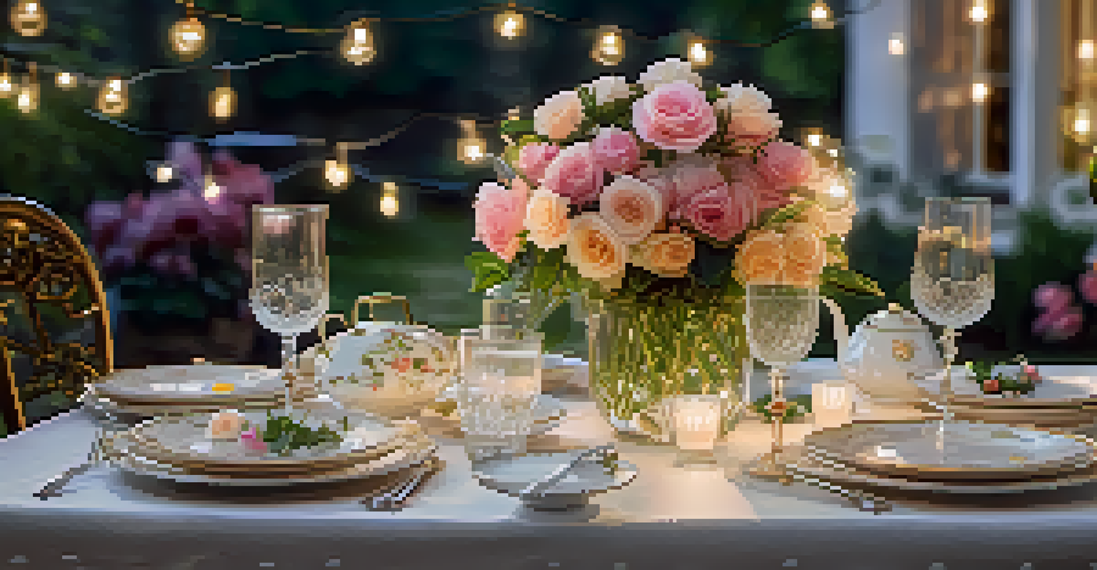 An elegant outdoor dining table with fine china and floral centerpiece, illuminated by fairy lights in a lush garden.