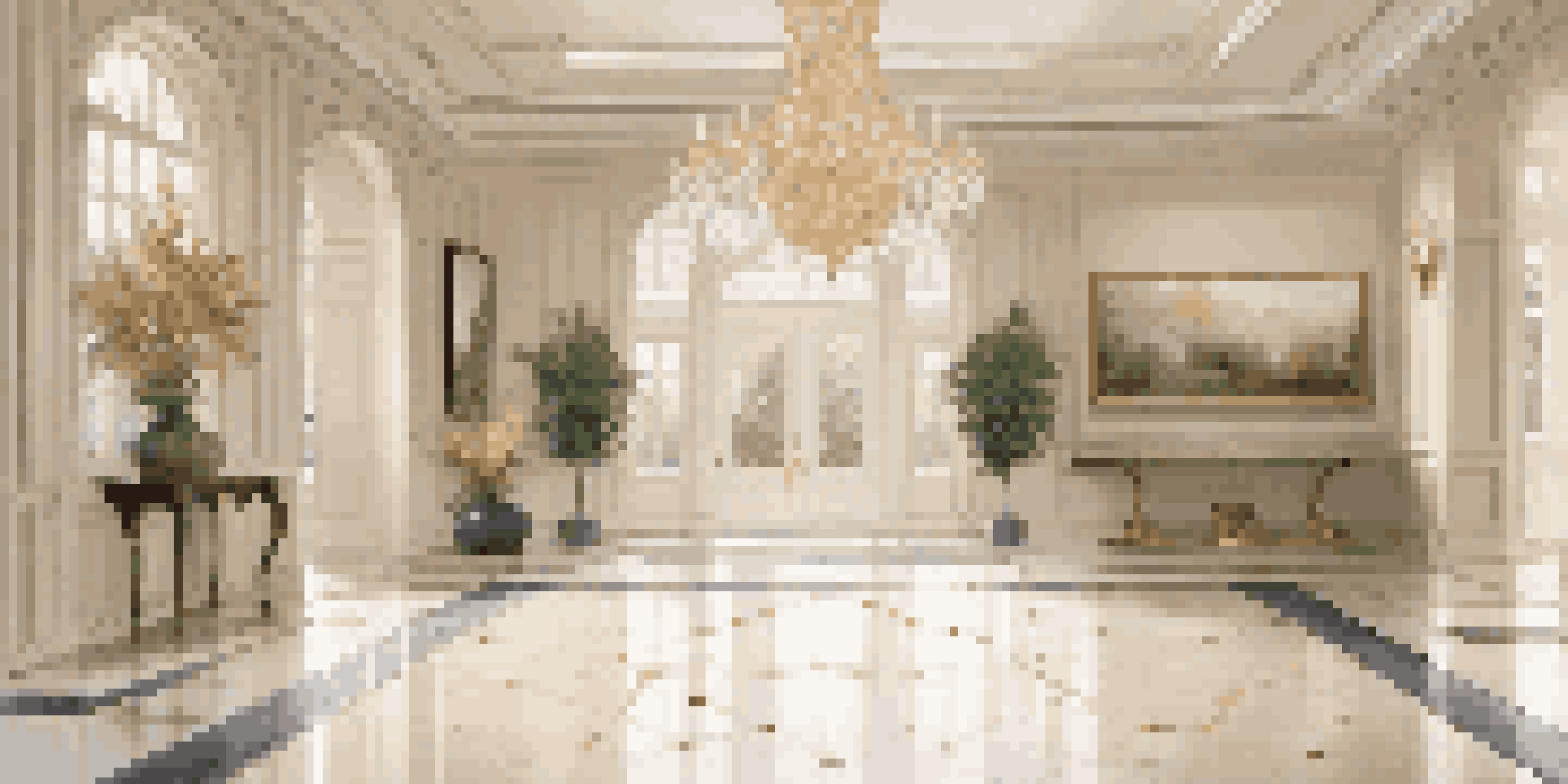 A luxurious entryway with marble floors, elegant chandelier, and decorative console table, enhanced by soft ambient lighting.