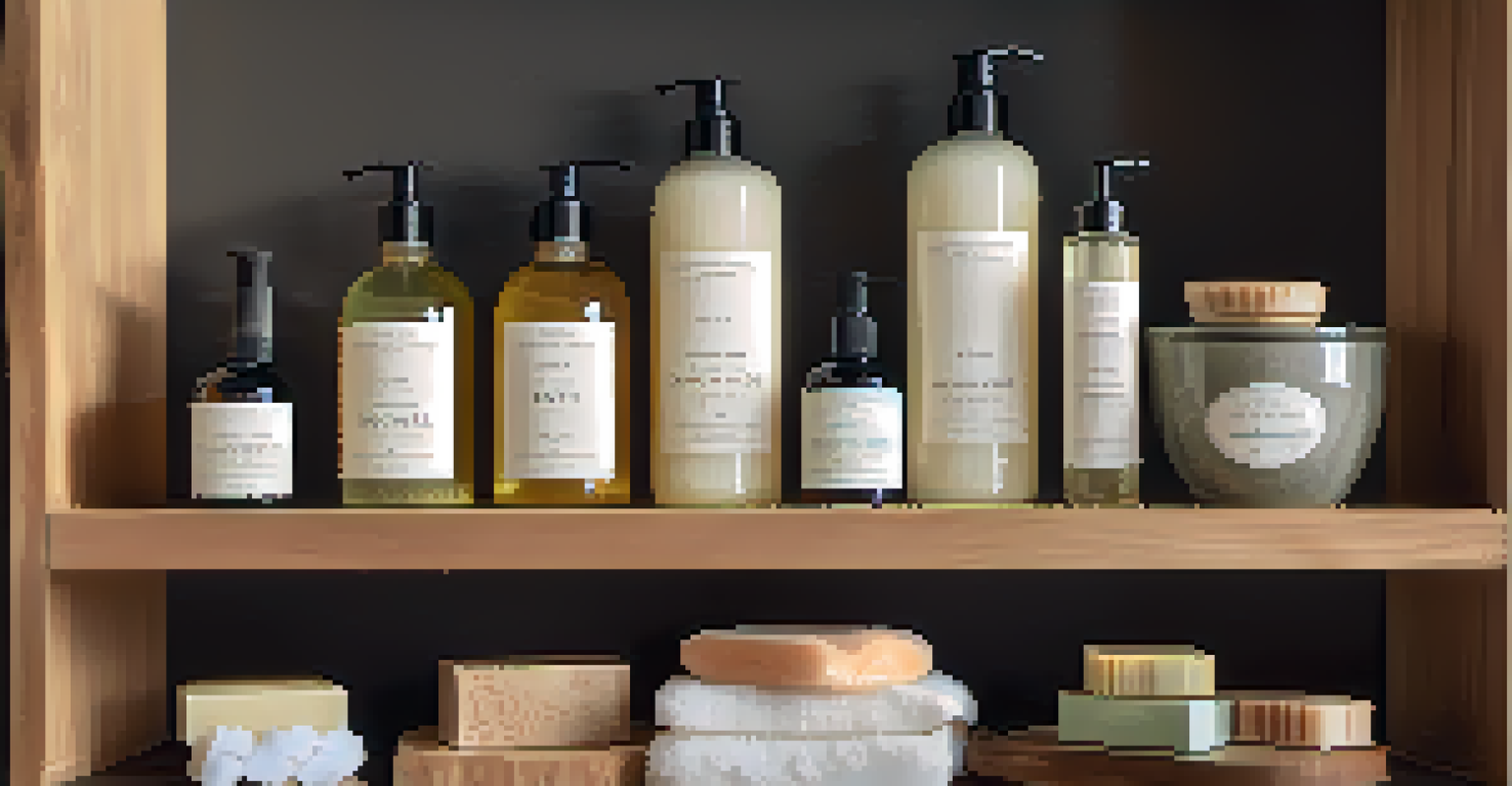 A wooden shelf showcasing various luxury organic bath products, beautifully arranged under soft natural light.