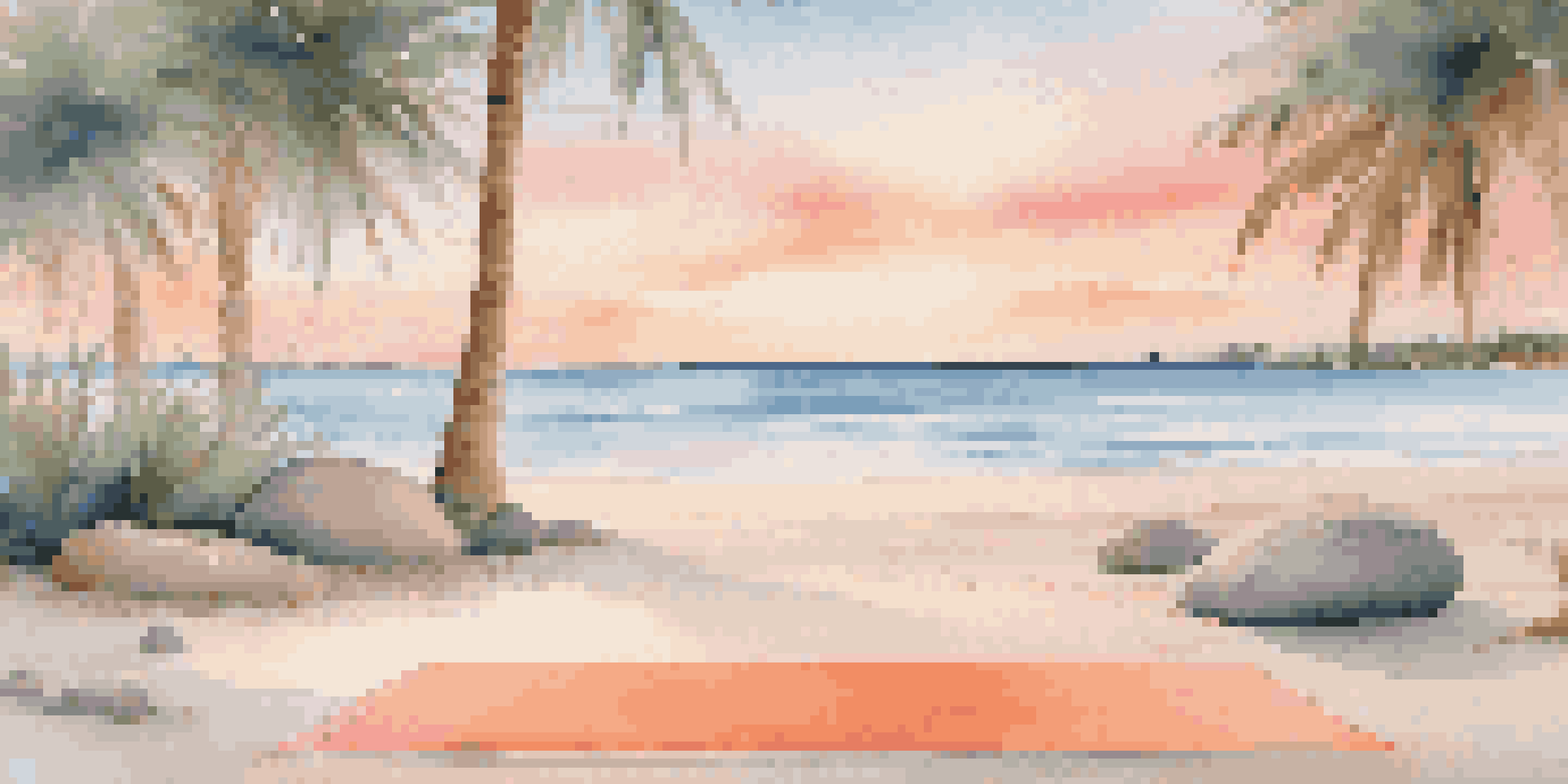 A tranquil beach scene at sunrise with a yoga mat on the sand, surrounded by palm trees and gentle waves.