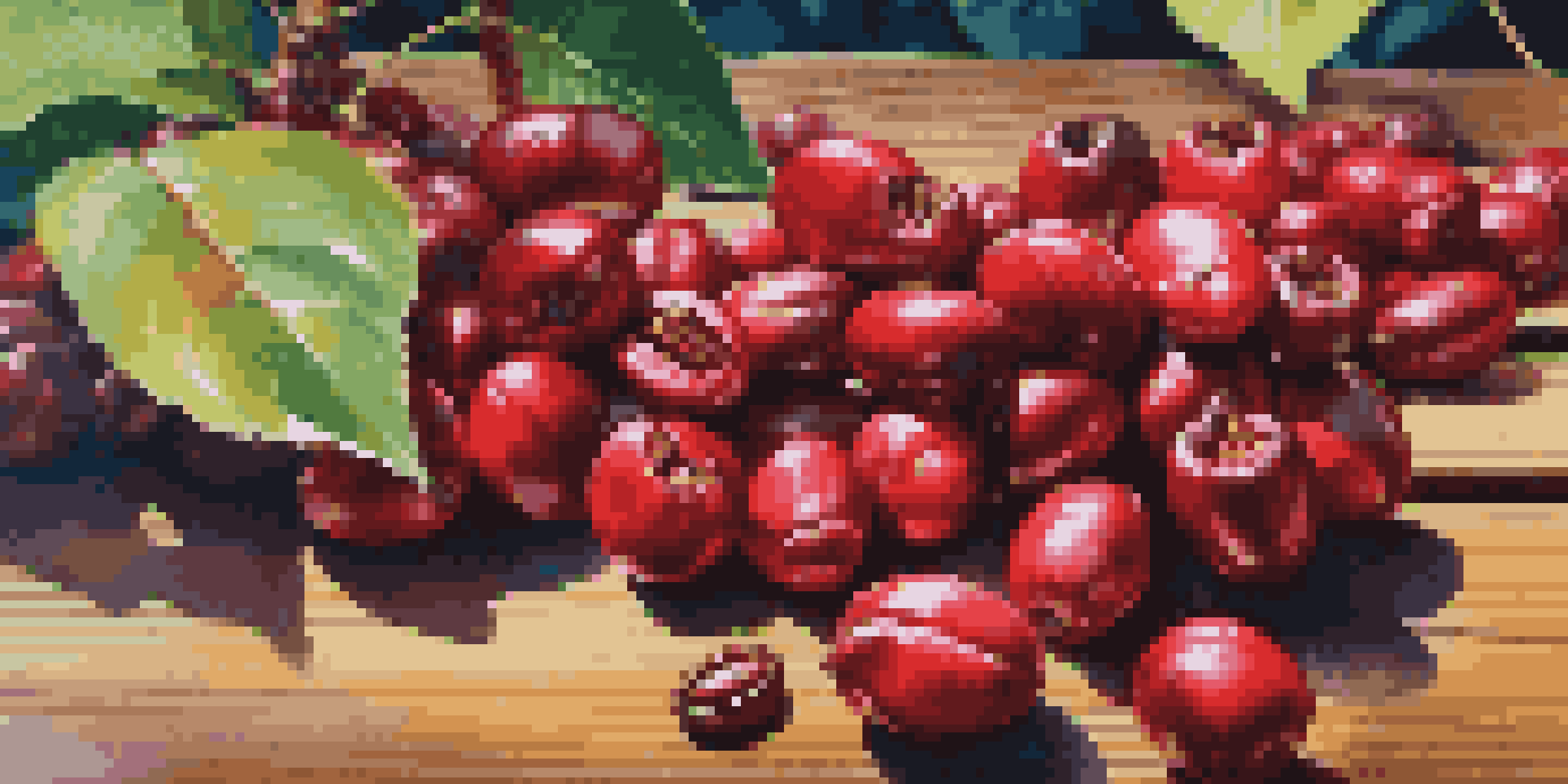 A close-up view of red coffee cherries on a wooden surface, with tropical coffee farms blurred in the background.