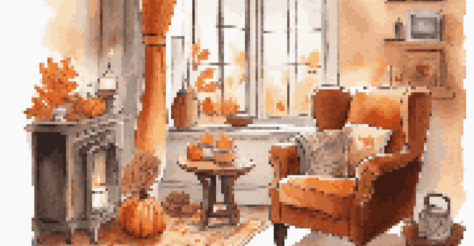 A cozy living room in autumn, with a plush armchair, warm tea, and fall leaves visible through the window, creating a peaceful atmosphere.