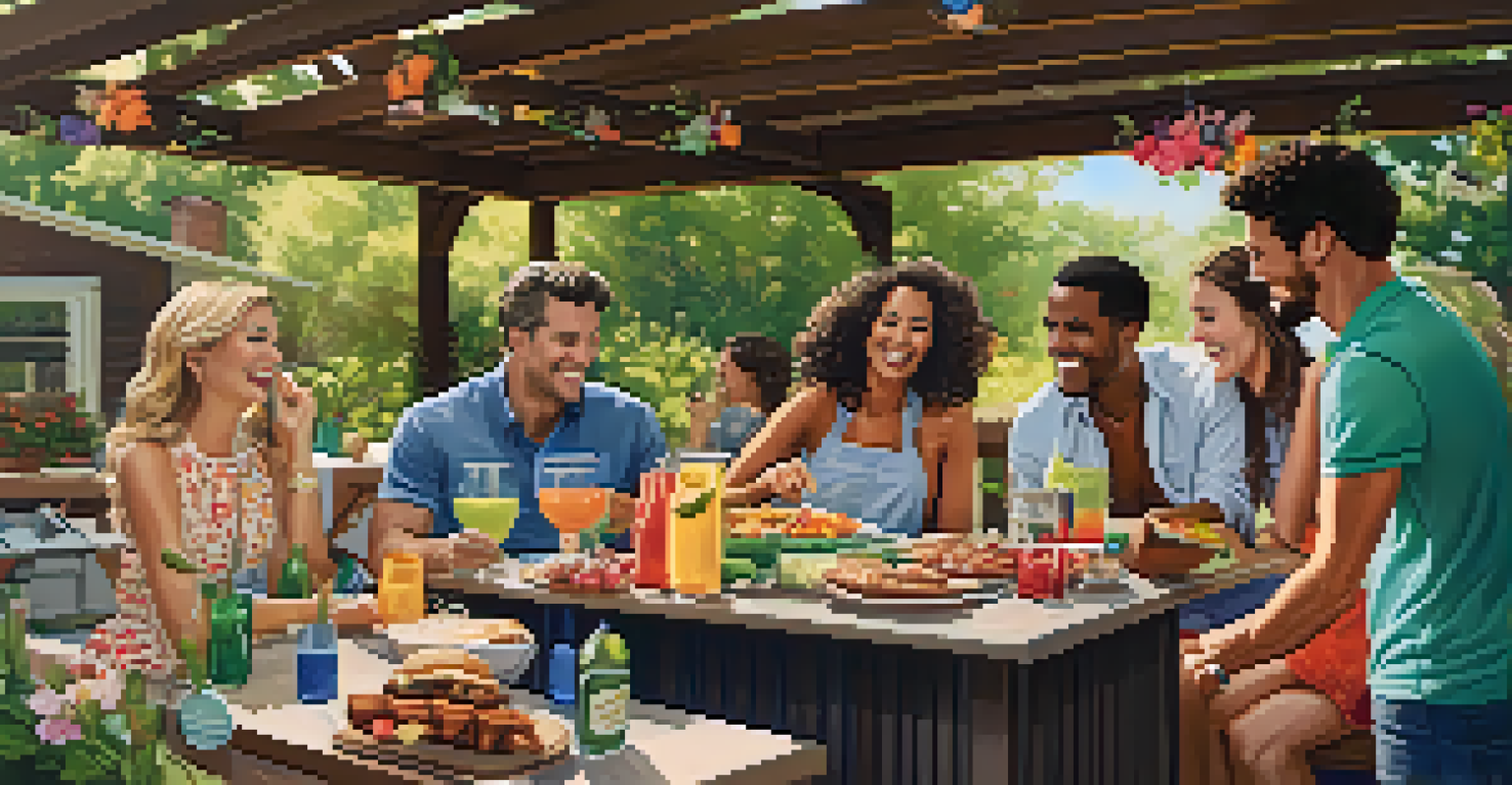 A group of friends gathered around a grill in an outdoor kitchen, enjoying drinks and laughter under a shaded pergola surrounded by colorful flowers.