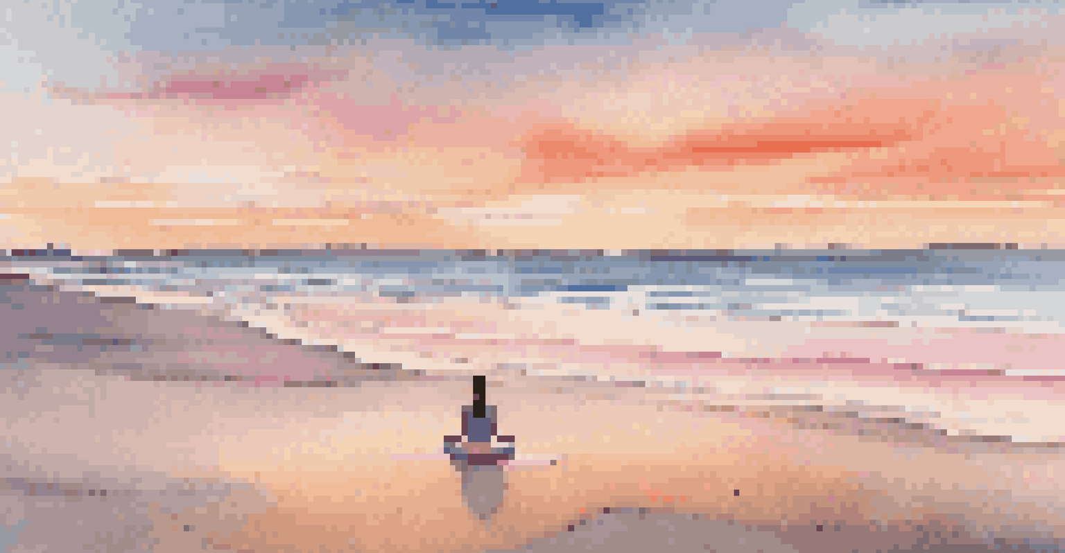 A person practicing yoga on a beach at sunset with colorful skies and calm ocean waves.