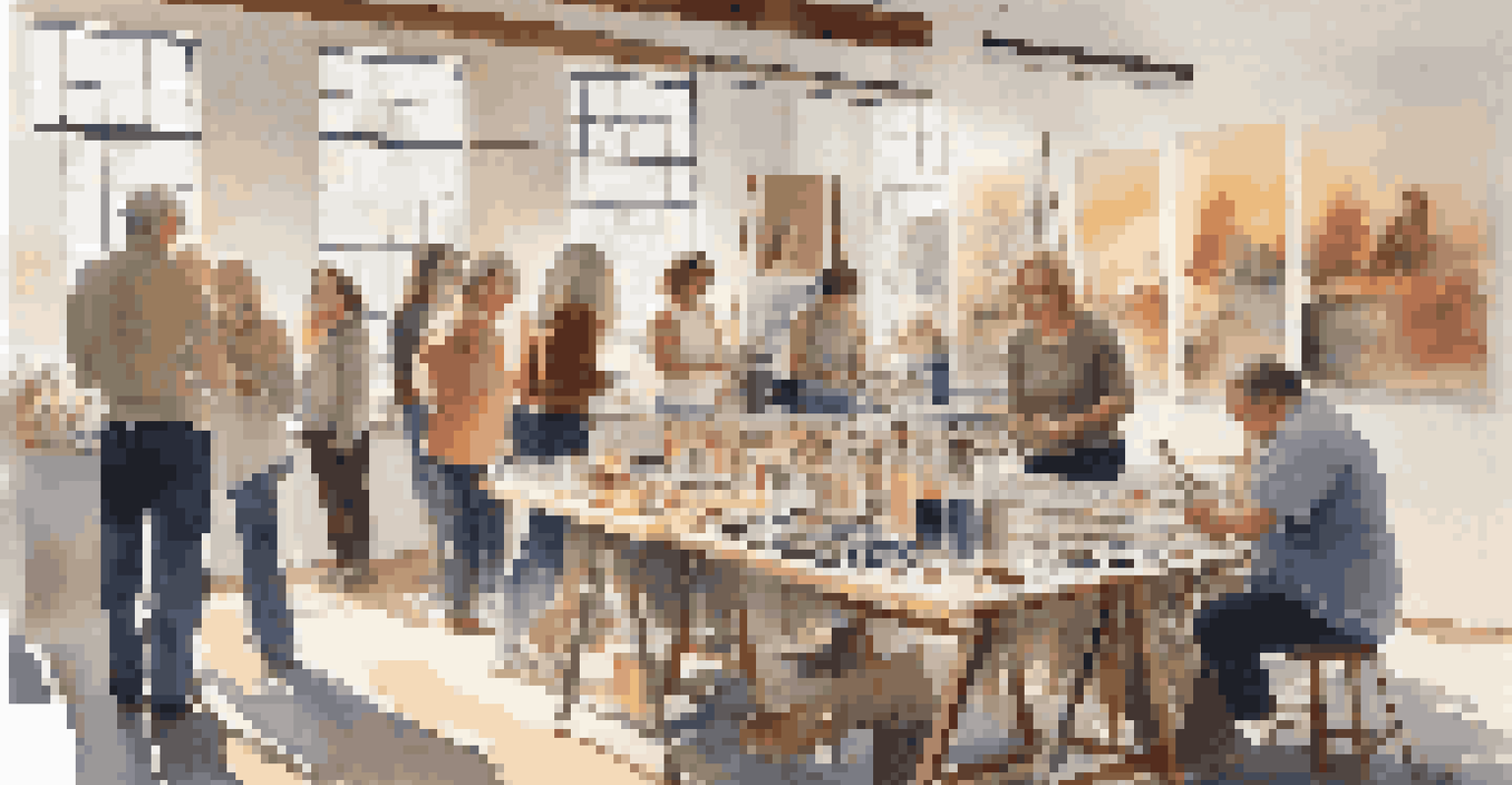 A local artist teaching a painting workshop at an art fair, surrounded by eager participants and colorful art materials in a well-lit room.