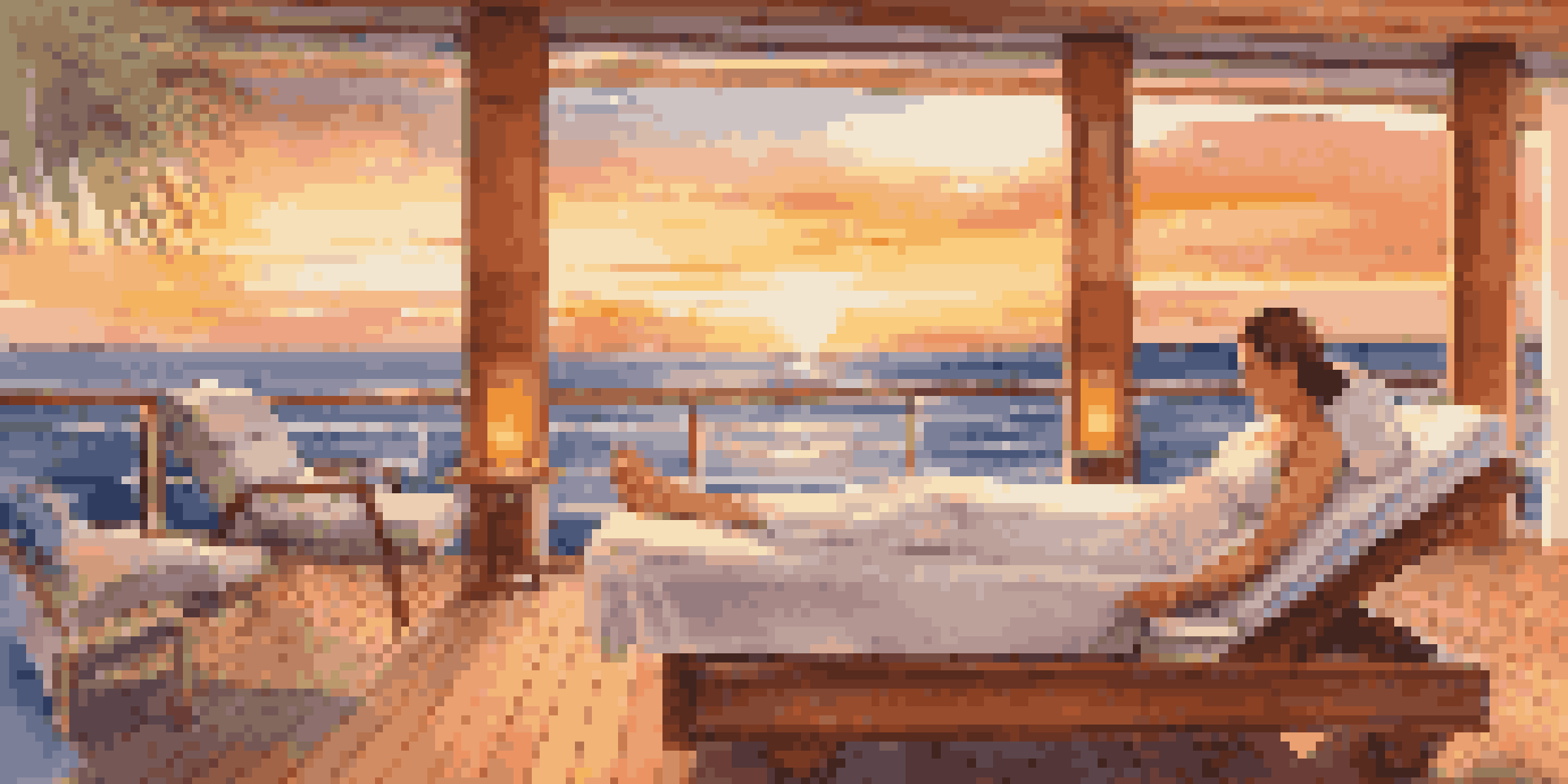 A woman receiving a massage on a cruise ship deck at sunset, with ocean views and tropical plants around her.
