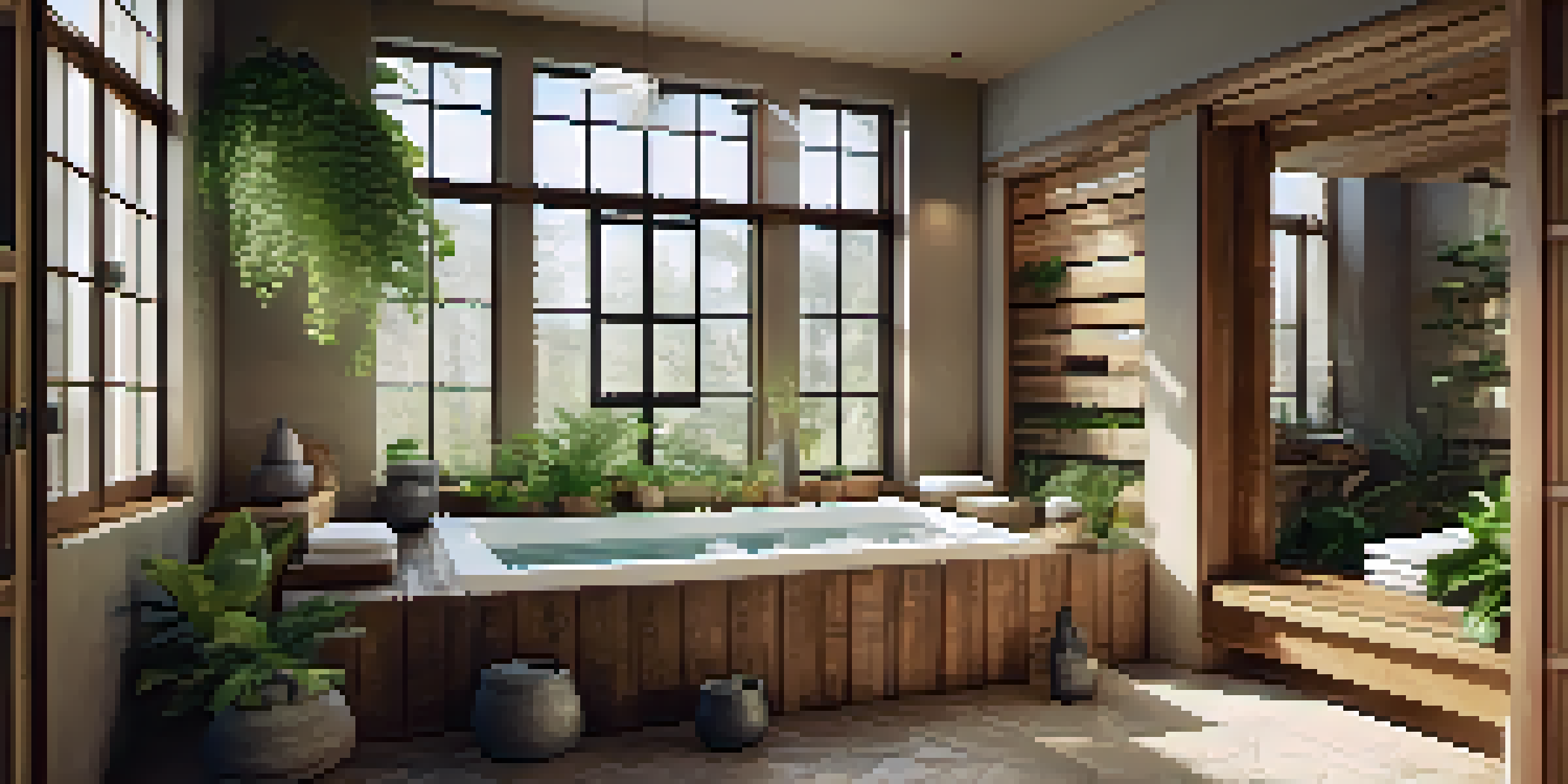 A serene interior of a luxurious spa with reclaimed wood decor, organic cotton towels, and sunlight filtering through large windows, featuring lush indoor plants and a tranquil water fountain.