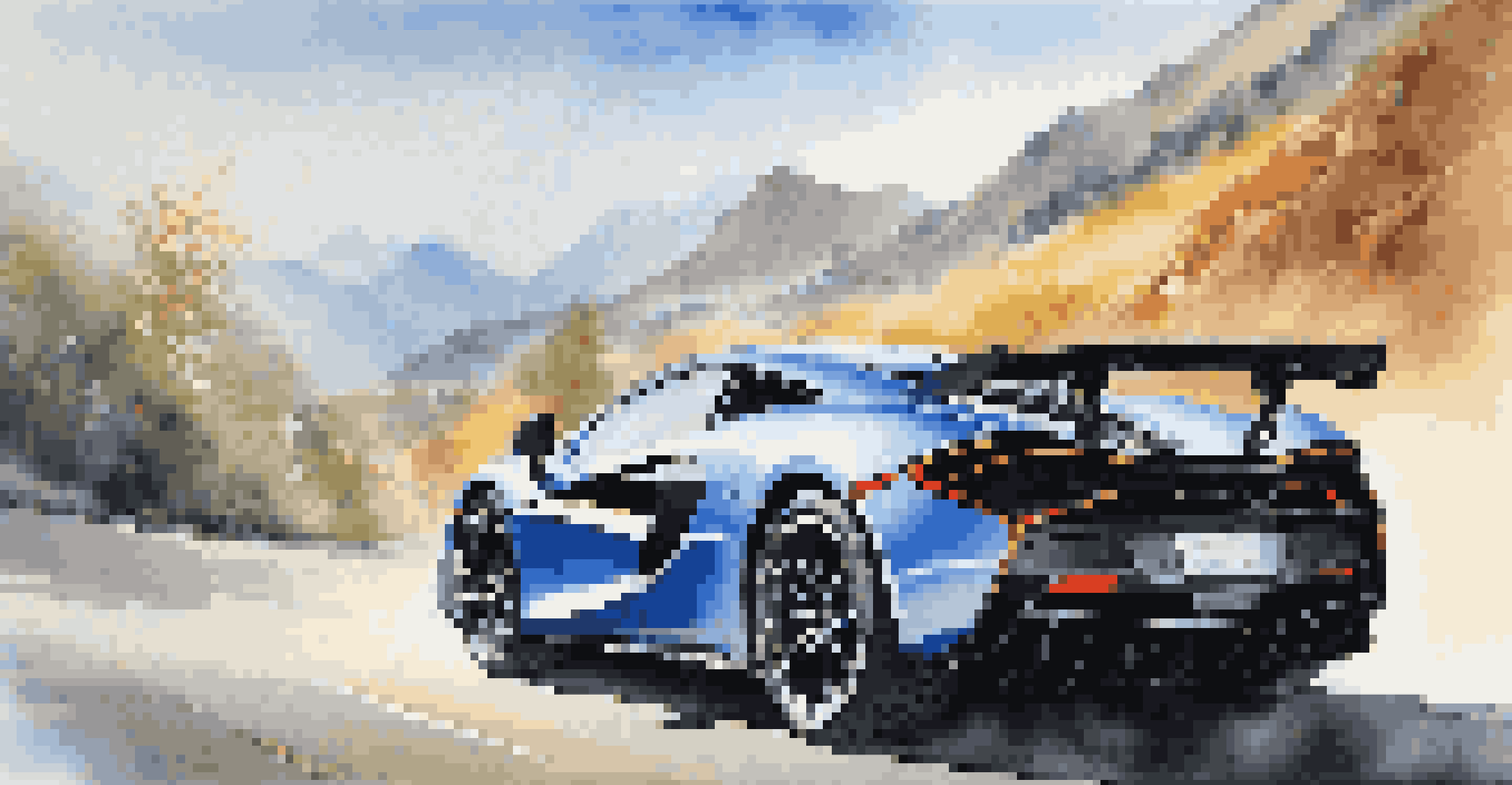 A luxury performance car racing on a mountain road, capturing the excitement of speed against a stunning natural backdrop.