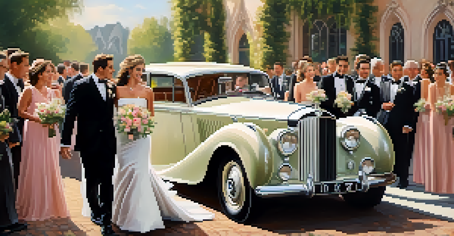 A vintage Bentley with a bride and groom surrounded by a wedding party.