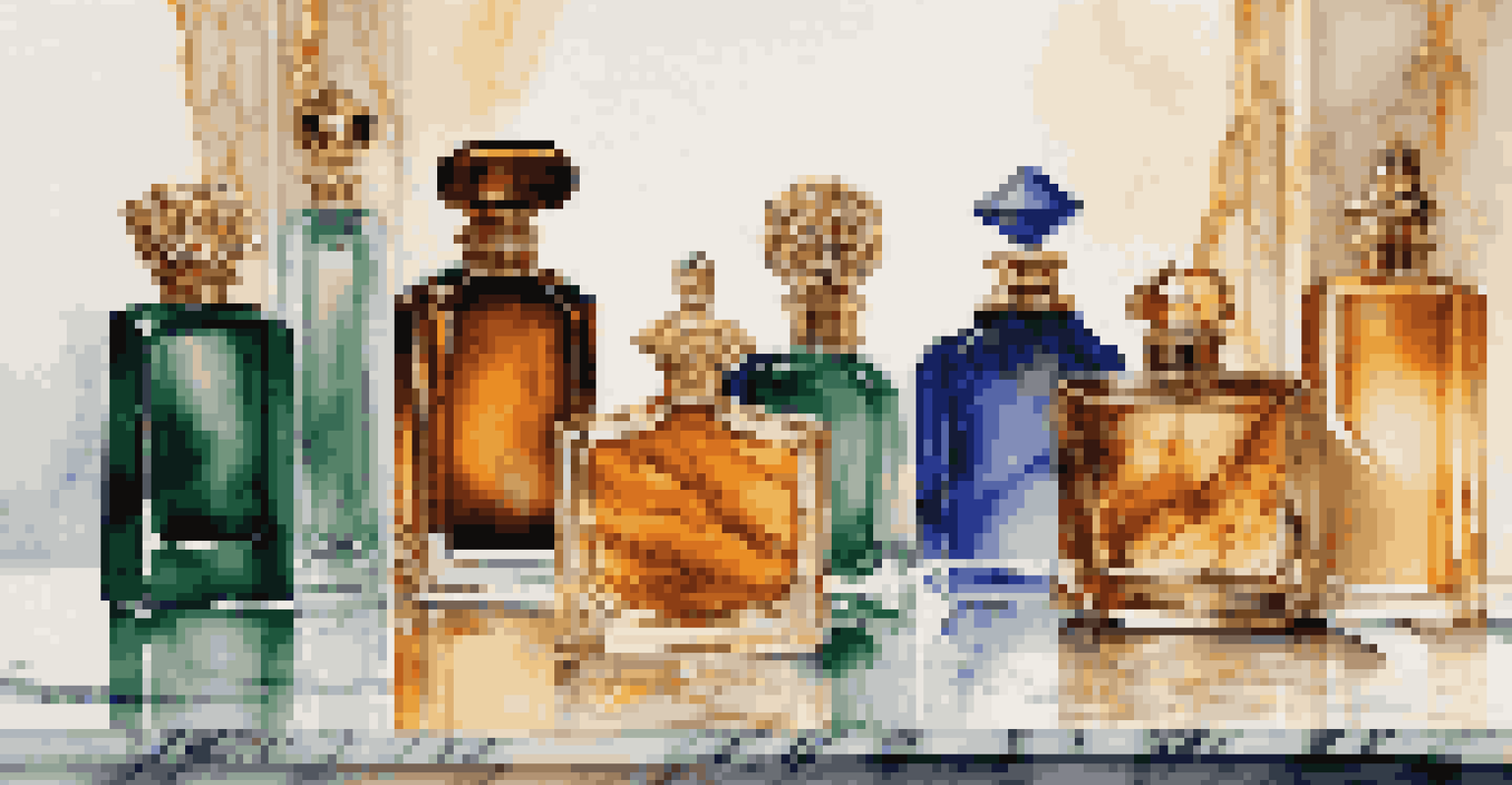 A collection of luxury fragrance bottles on a marble countertop, showcasing their intricate designs and colors in natural sunlight.