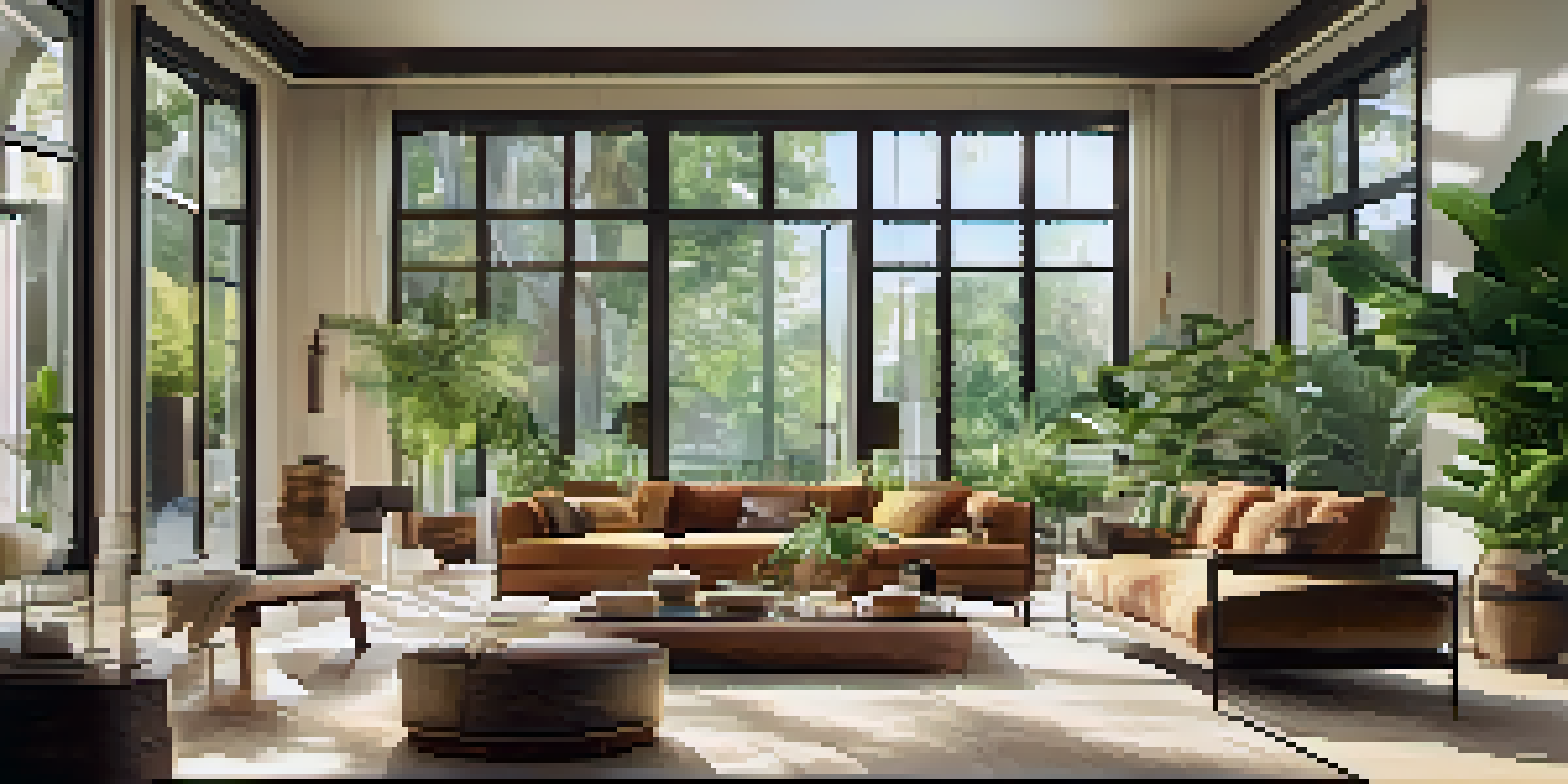 A bright and luxurious living room with large windows and indoor plants, showcasing a serene atmosphere.