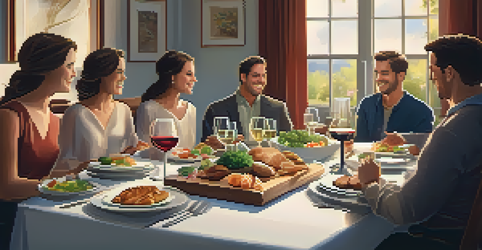 A cozy dining room with friends enjoying lively conversation around a beautifully set table with gourmet food and wine, highlighting a digital-free dining experience.