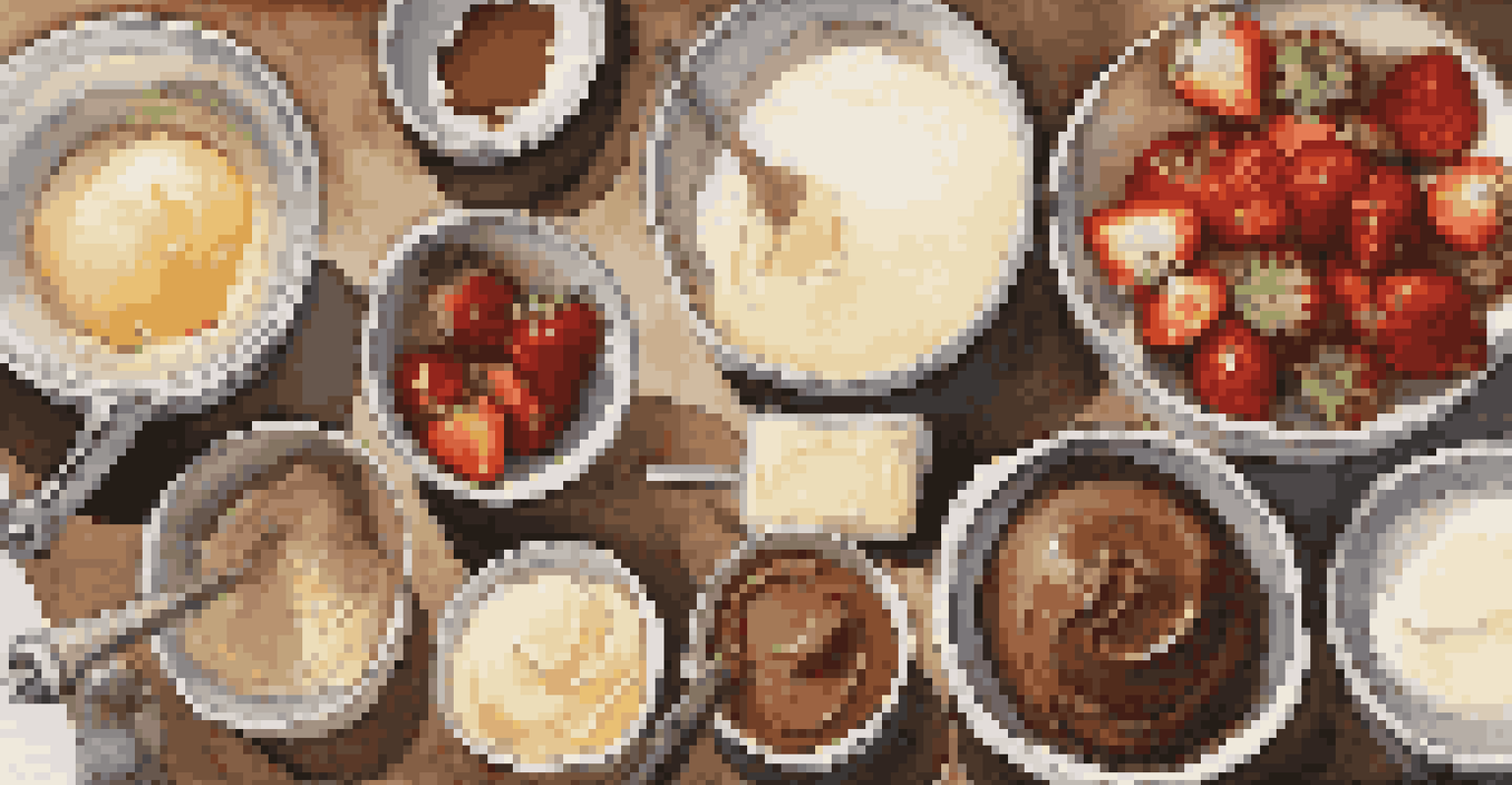 An overhead view of a rustic wooden table with ingredients for homemade ice cream including dairy, fruits, and flavorings.