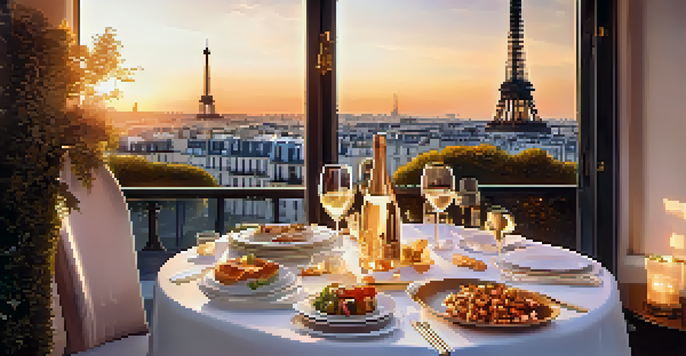 A rooftop restaurant in Paris with a sunset view, featuring a gourmet dining setup and the Eiffel Tower in the background.