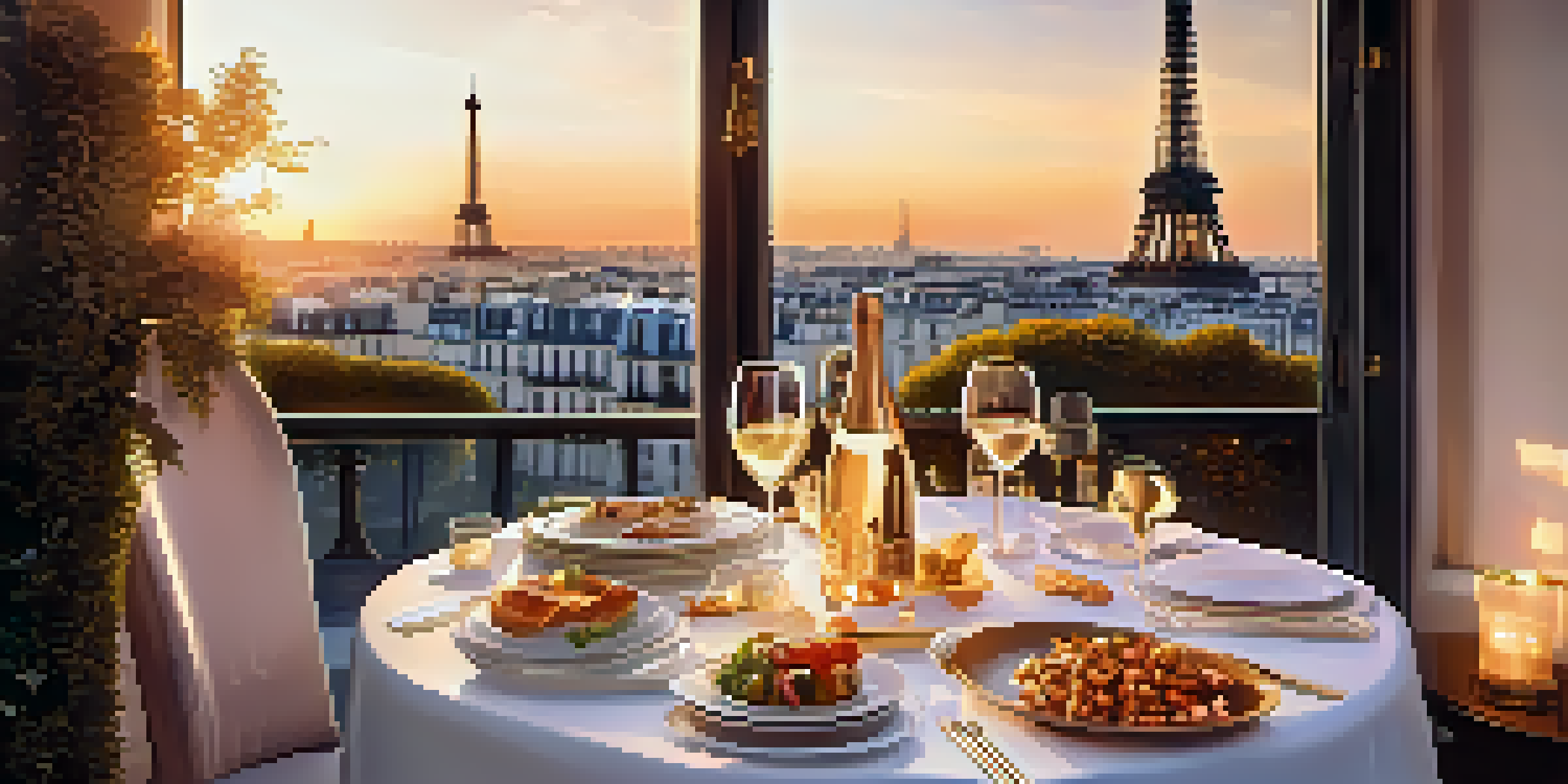 A rooftop restaurant in Paris with a sunset view, featuring a gourmet dining setup and the Eiffel Tower in the background.