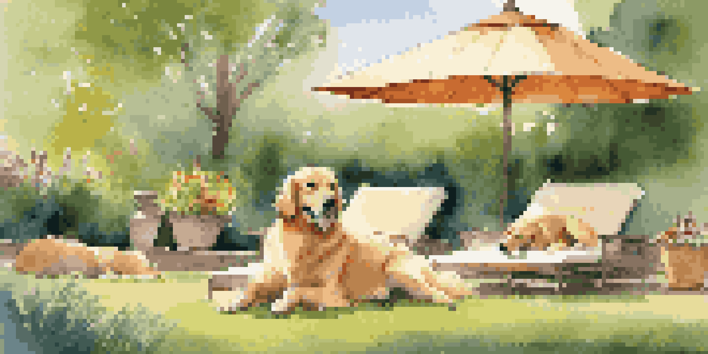 A golden retriever receiving a massage in a beautiful outdoor wellness retreat, surrounded by other relaxed pets and vibrant flowers.