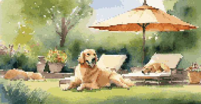 A golden retriever receiving a massage in a beautiful outdoor wellness retreat, surrounded by other relaxed pets and vibrant flowers.