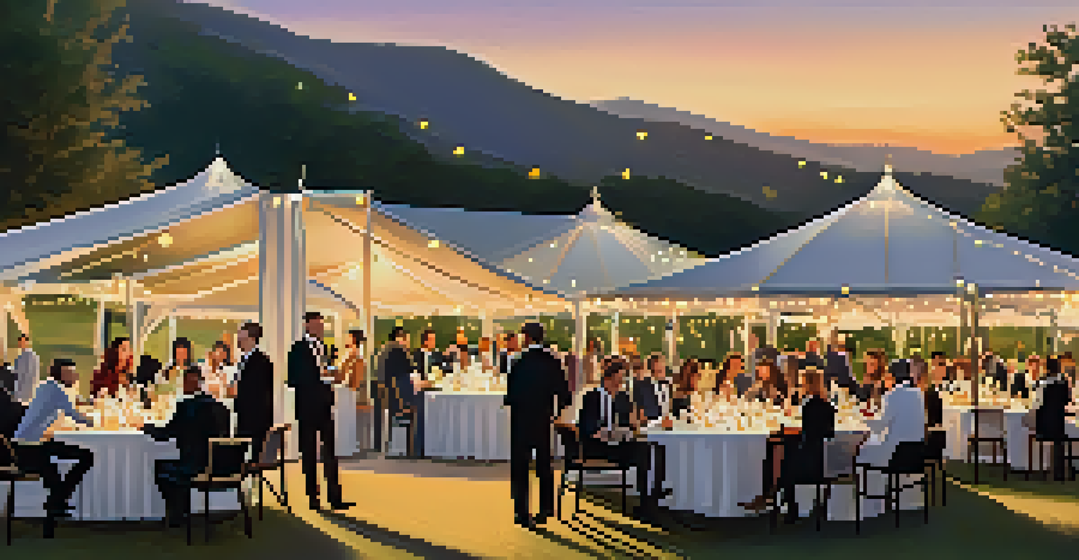 An outdoor luxury networking event at sunset, featuring guests under draped tents, with string lights and candlelit tables creating a magical atmosphere.