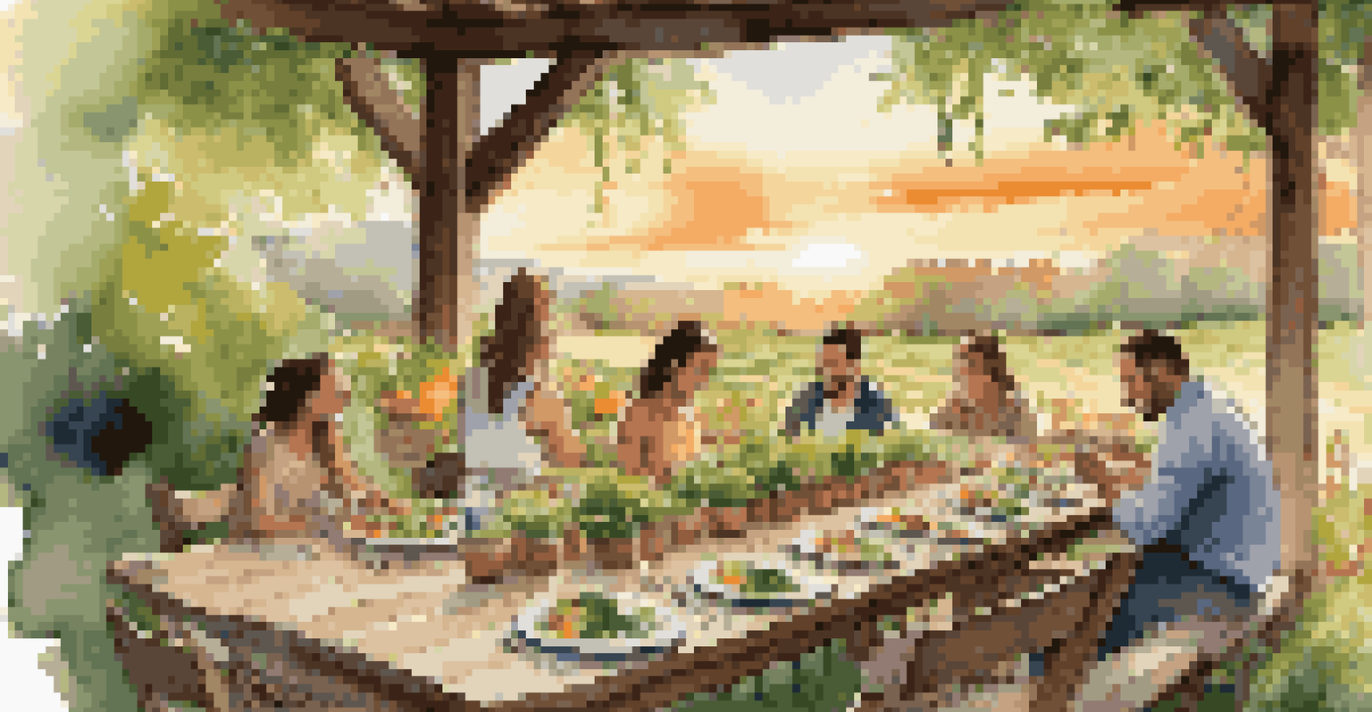 A family dining at a rustic table in a farm setting, enjoying fresh salads under a warm sunset.