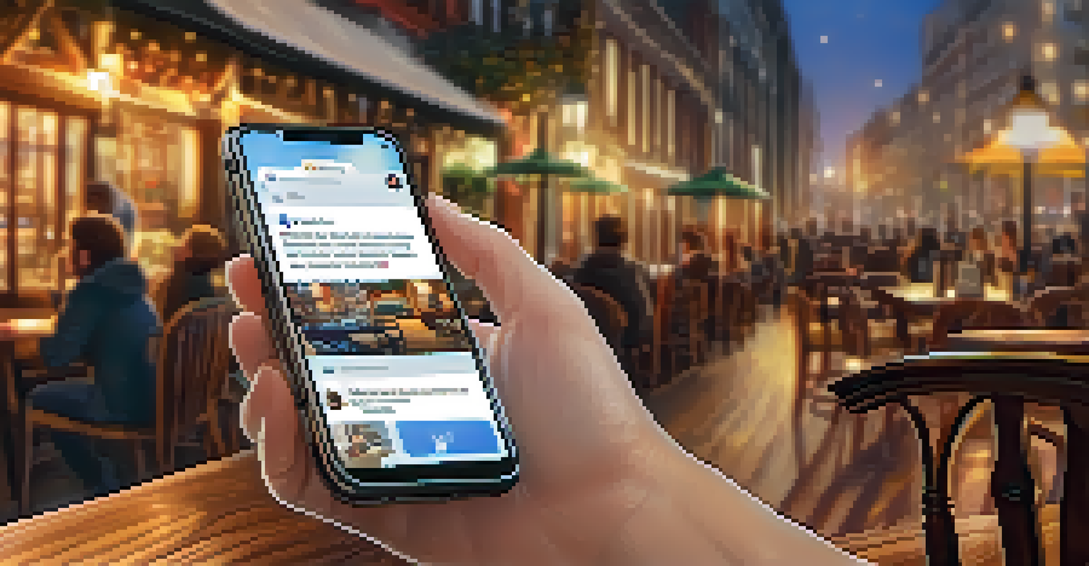 A close-up of a hand holding a smartphone with social media notifications in a cozy café environment.