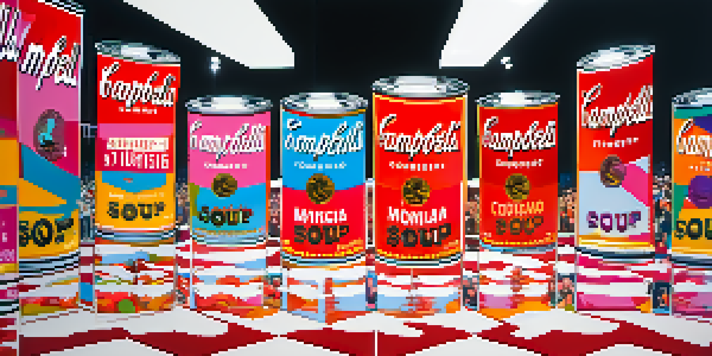 A colorful fashion runway with models in vibrant outfits influenced by Andy Warhol's pop art, surrounded by large art installations.