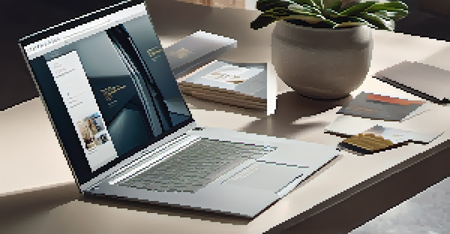 A close-up view of a laptop showing a luxury brand website, with stylish branding materials around it, illuminated by soft natural light.