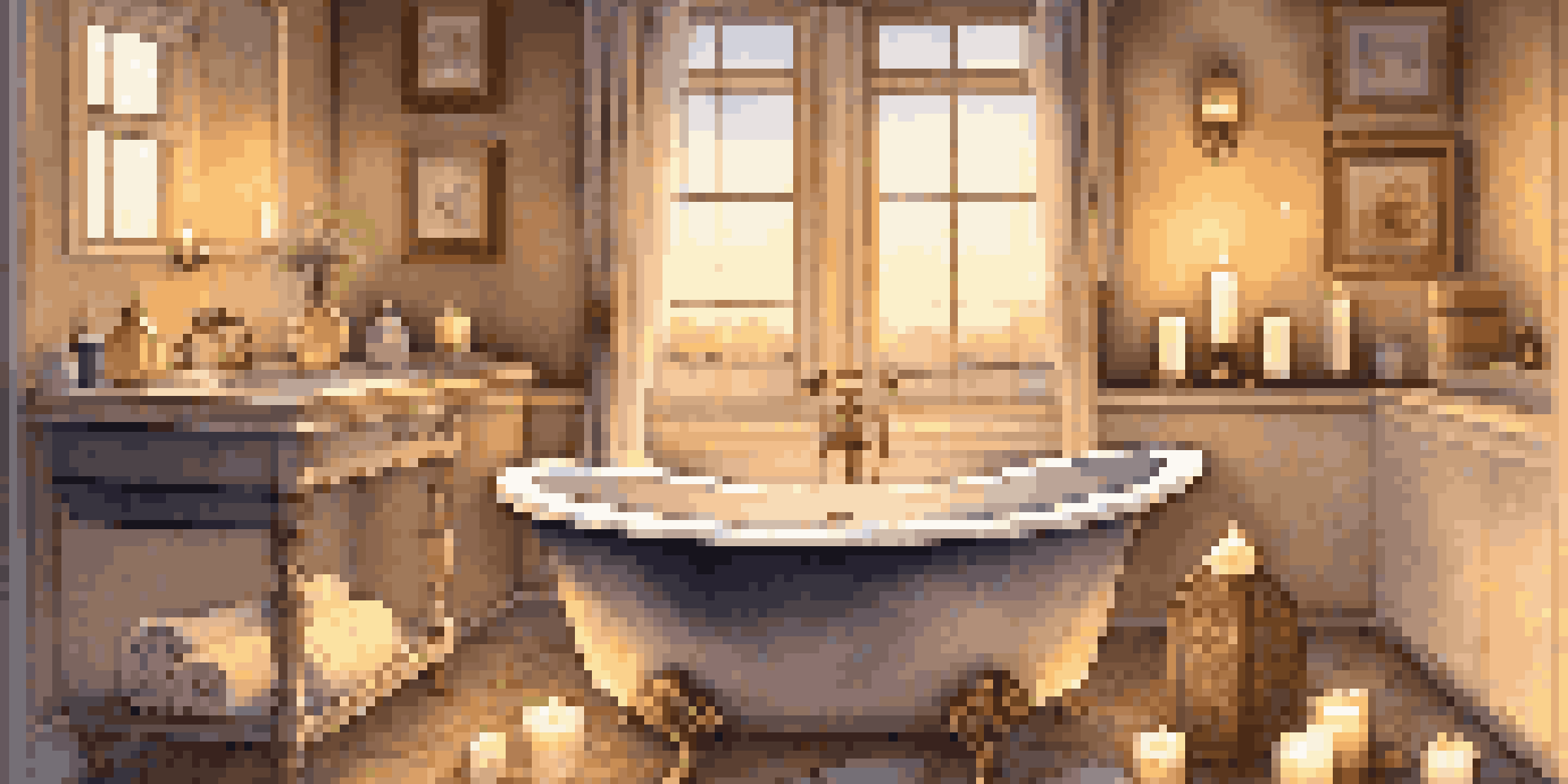 A calming bathroom scene with a bubble-filled bath, candles, essential oils, and a towel, creating a tranquil atmosphere.