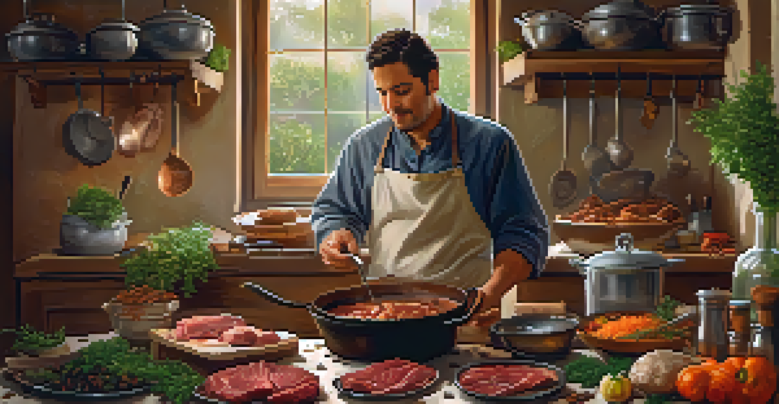 A chef braising meat in a cast iron pot in a warmly lit kitchen filled with herbs and spices.