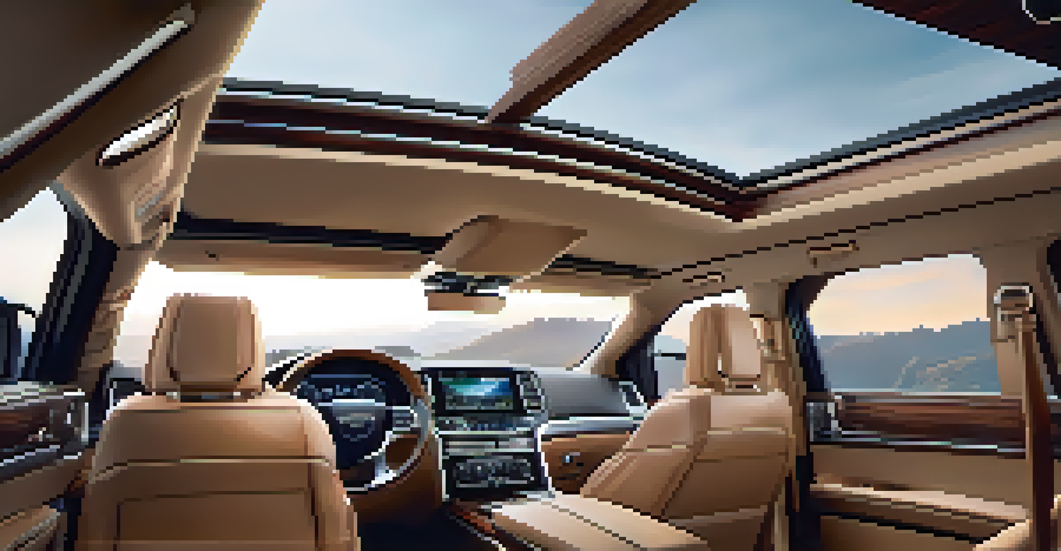 The elegant interior of a luxury SUV with leather seats and a panoramic sunroof showing mountains.