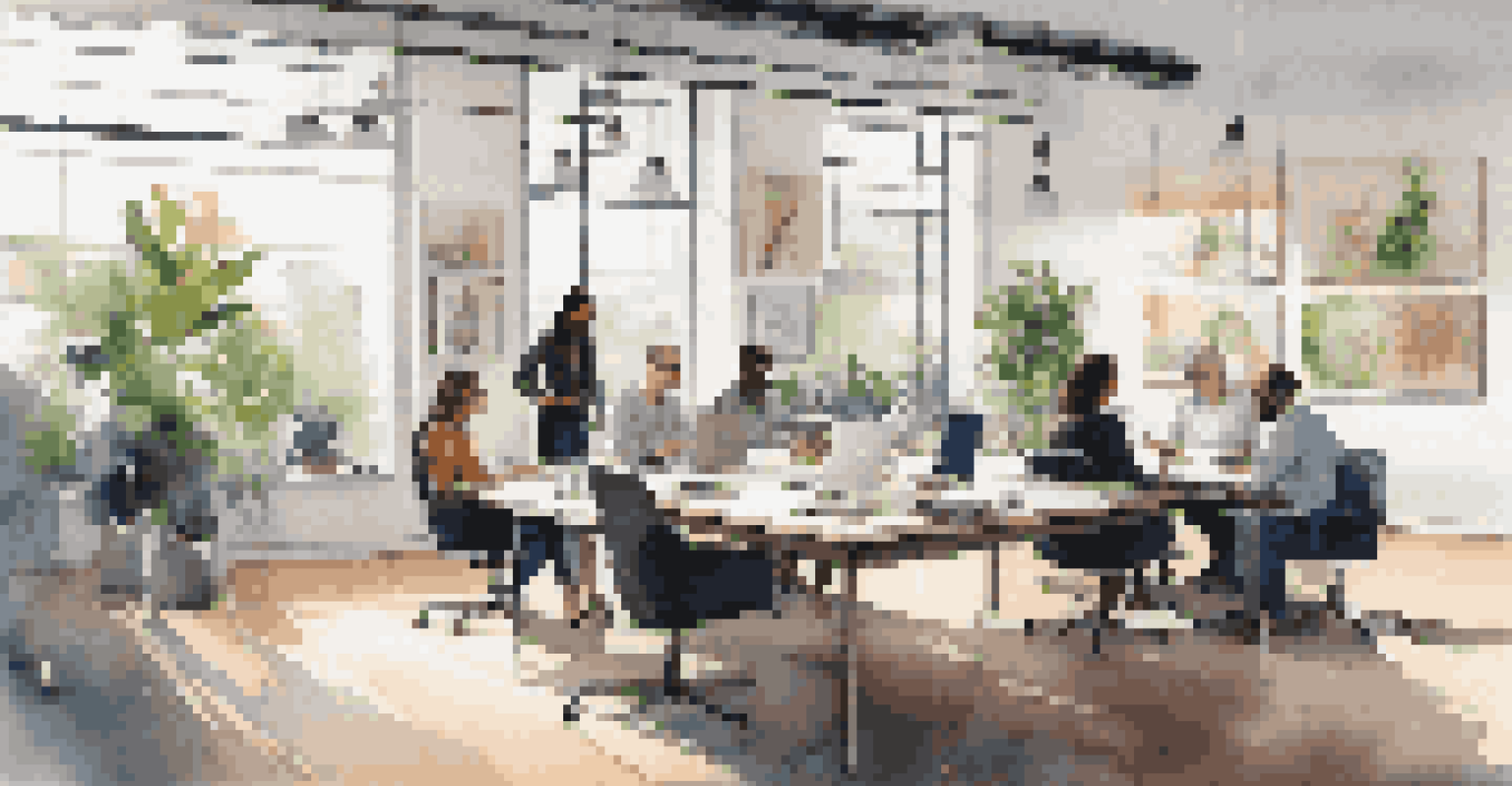 A modern conference room with professionals collaborating at a table, illuminated by natural light and surrounded by contemporary decor.