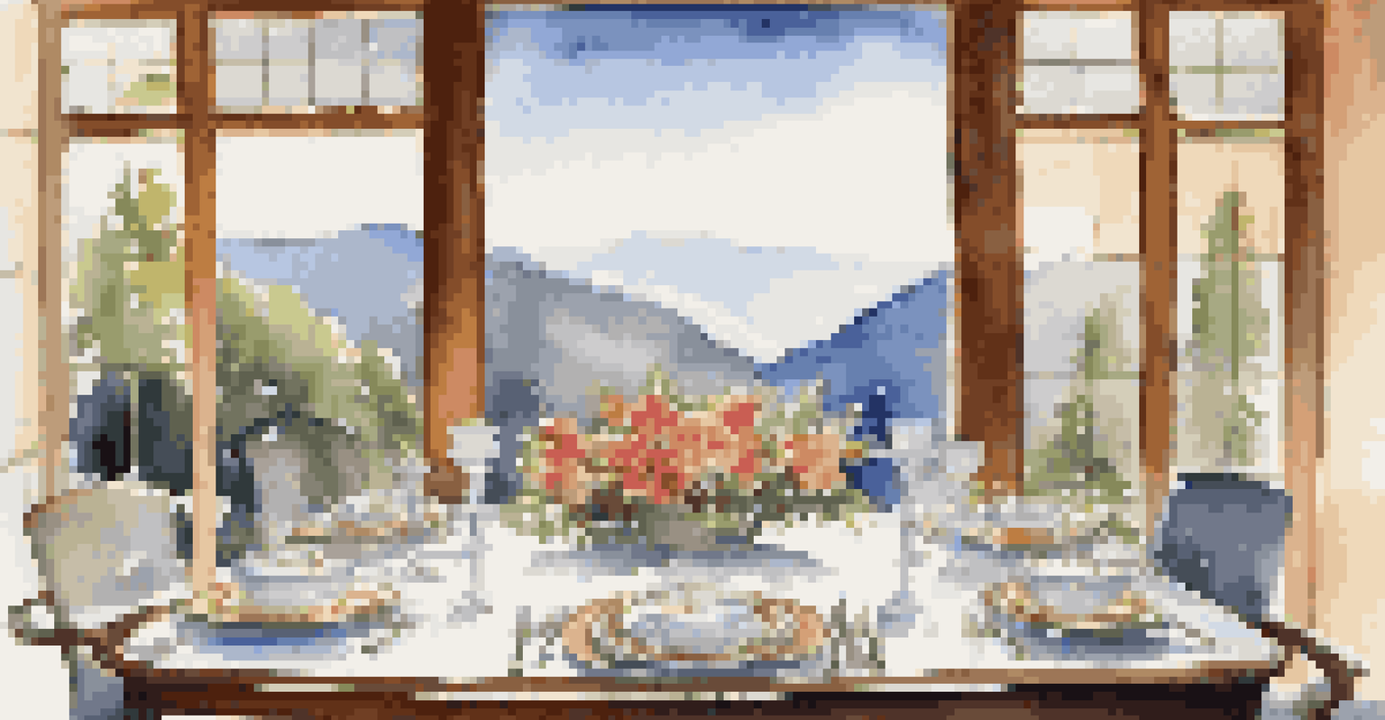 An elegantly set outdoor dining table in a luxury retreat, surrounded by nature and beautiful mountain views.