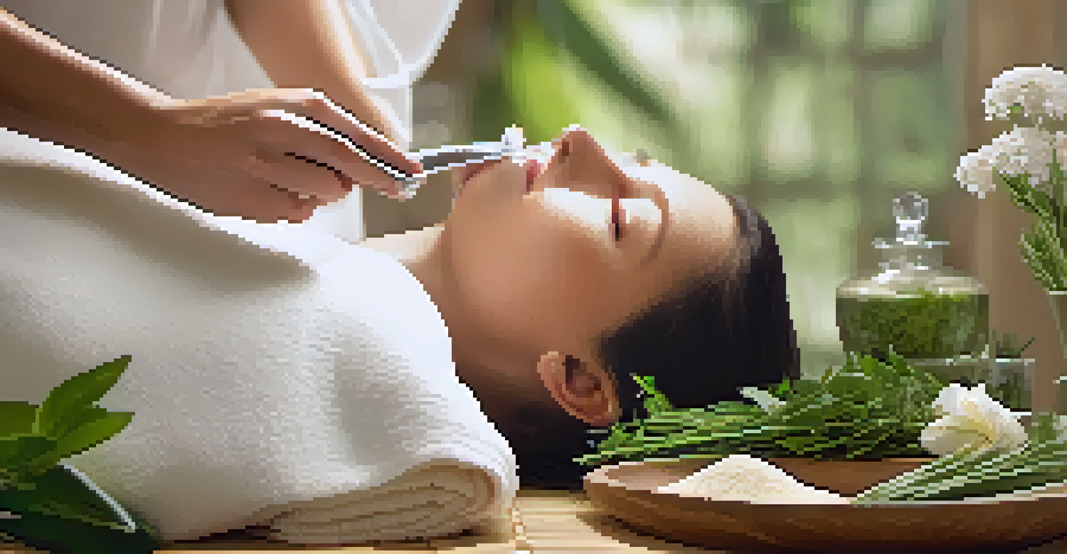 A close-up view of a facial treatment with organic botanicals, showing fresh herbs and flowers beside a bamboo massage table where a therapist applies a natural mask.