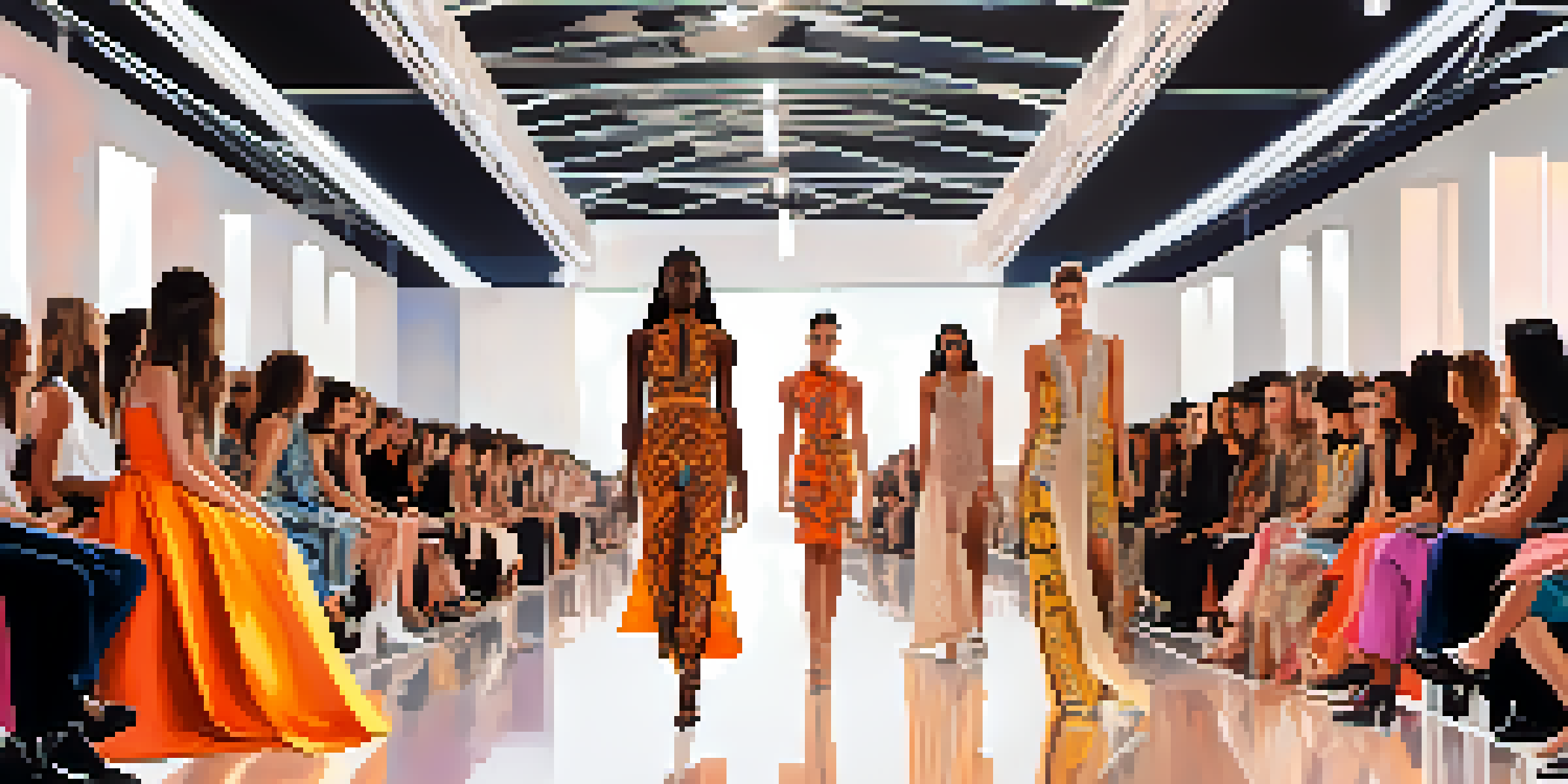 A runway scene with diverse models wearing vibrant streetwear-inspired outfits, set in an elegant minimalist background with soft lighting.