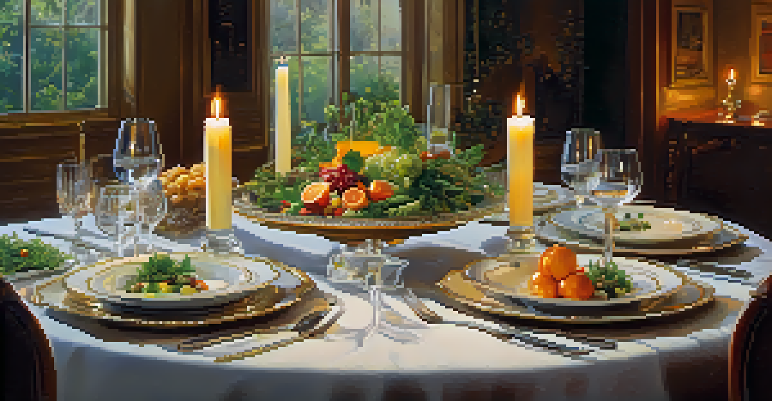 An elegant dining table set for a special occasion with fine china, crystal glassware, and a beautifully garnished dish in the center.