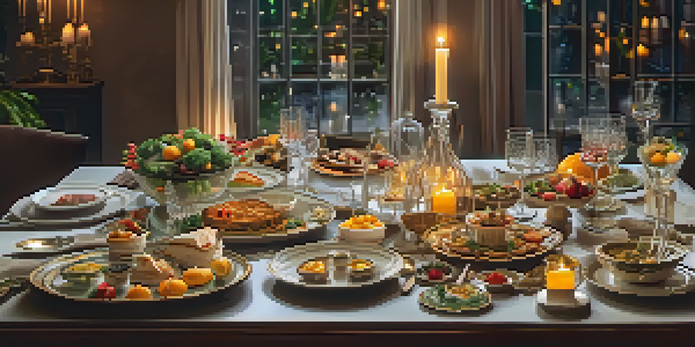 A gourmet dining table elegantly set with beautiful tableware and soft candlelight, showcasing colorful gourmet dishes arranged artfully.